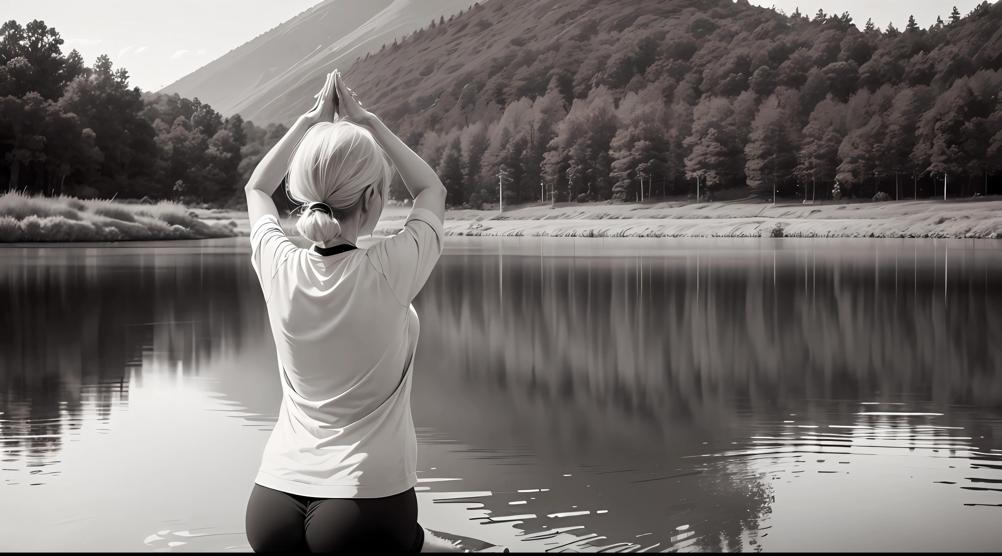 Elderly woman gracefully practicing yoga on a tranquil lakeside, vitality, balance, mindfulness, rejuvenation, peace, mirrorless camera, prime lens, early morning, 35mm focal distance, artistic black and white photograph, by Anna Johnson --auto