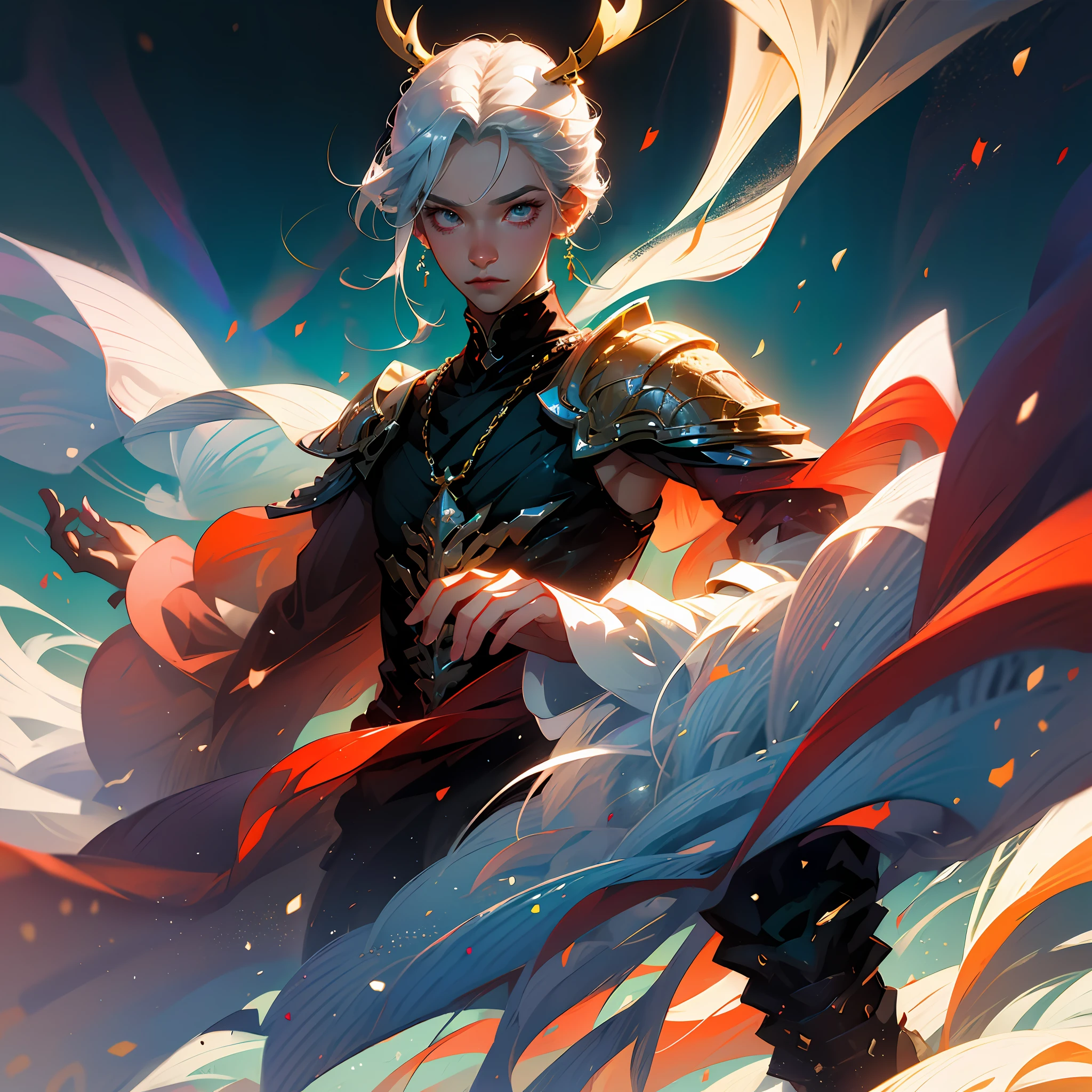 Highest quality, 4K, solo, (anime: 2.0), male, juvenile, sixpack, upper body, particle,wind,(bare shoulder: 0.8), Bound hair, (fair skin: 2.0), simple background, looking at viewer, dynamic pose, galaxy --auto