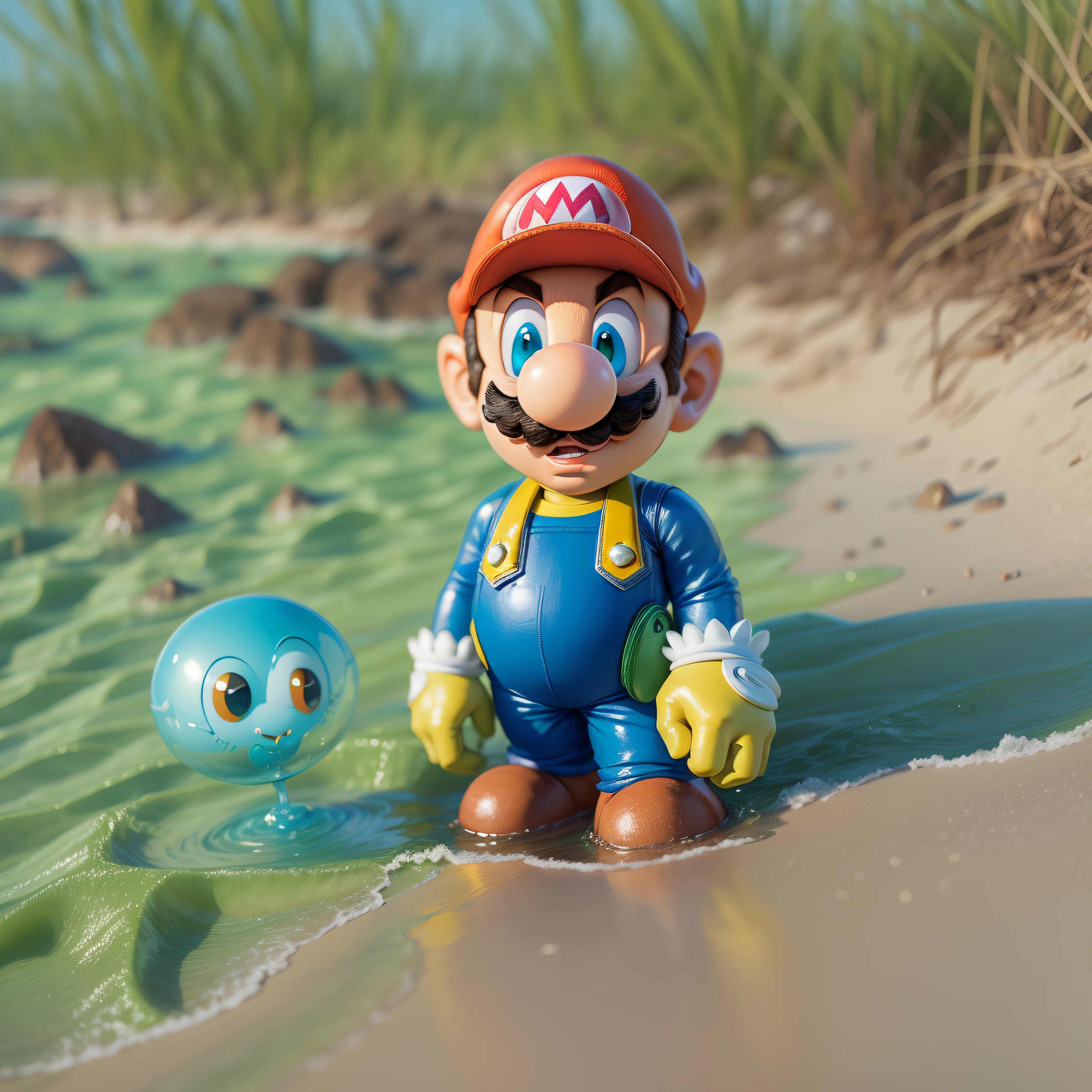 super mario pulando em um cogumelo azul em uma praia cheia de mosquito