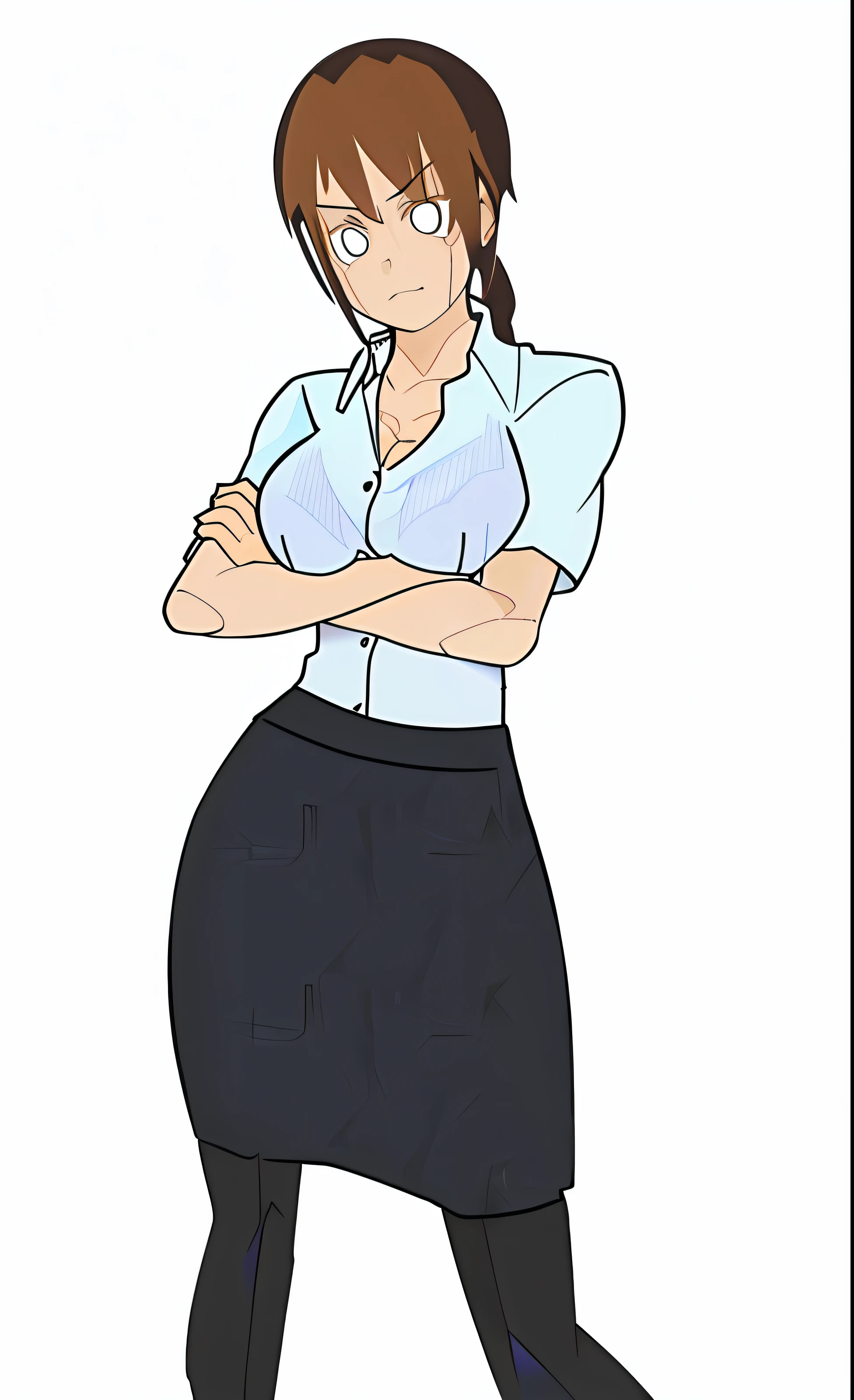 Cartoon girl in skirt and shirt with arms crossed, cell shaded adult animation, Casual pose, intimidating woman, digitally colored, female lawyer, businesswoman, female full body, Wearing a strict business suit, female in office dress, fully body pose, full-body close-up shot, adult character, cel - shaded art style, menacing pose