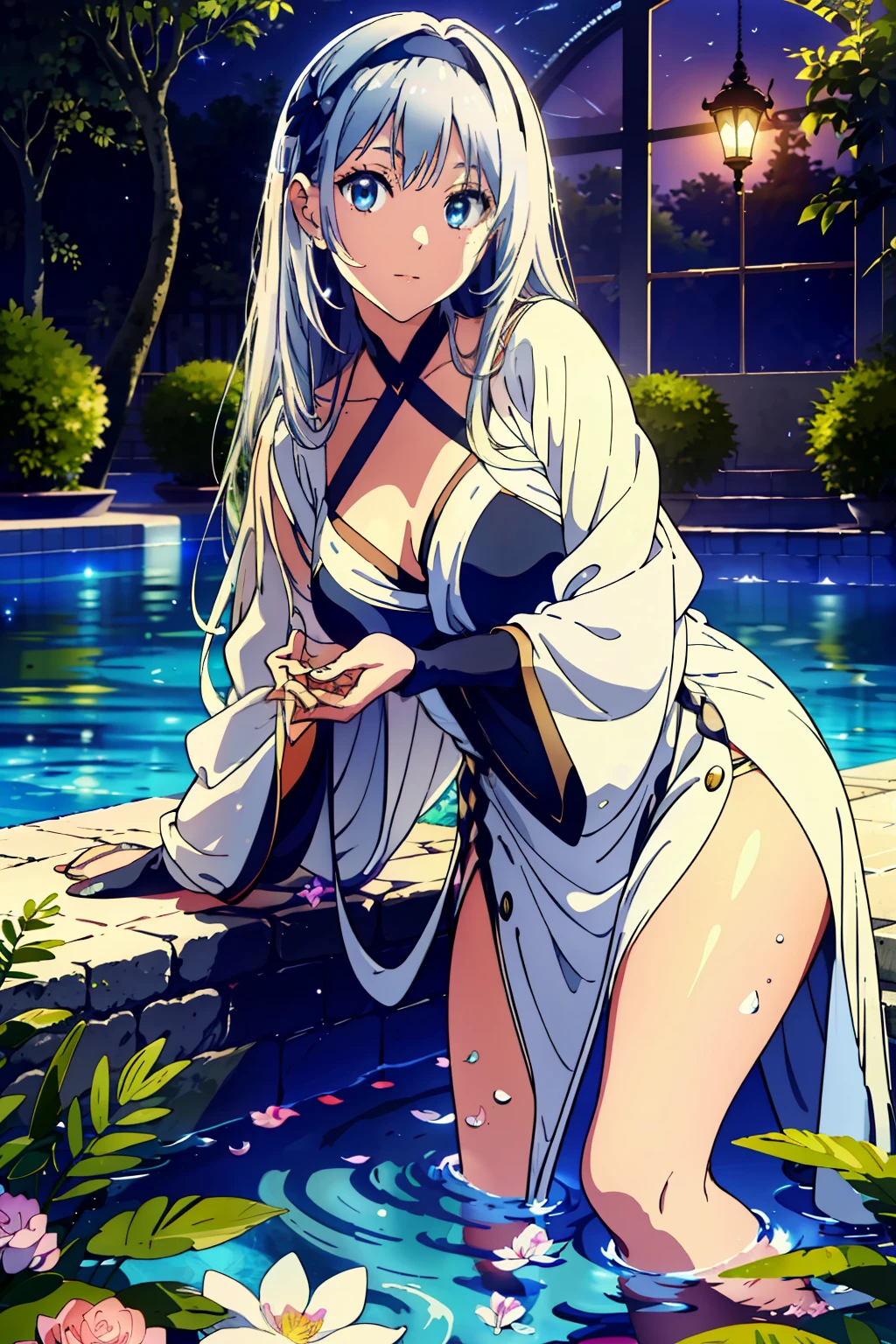 masterpiece, best quality, extremely detailed CG unity 8k wallpaper, Volumetric Lighting, Best Shadows, best Depth of Field, 1girl, solo, blonde hair, long hair, half updo, silver magic robe, black tunic, hair ornament, heart, diamond hairband, holding, balance scale, fingerless gloves, Stunningly Beautiful Girl,(delicate eyes), (ignorant face) , looking at viewer, stepping into the pool, stone stairs, wading pool, riverbank, flowery, butterflies, ((flying petal)), (crescent moon), moonlight, potted plant, night,