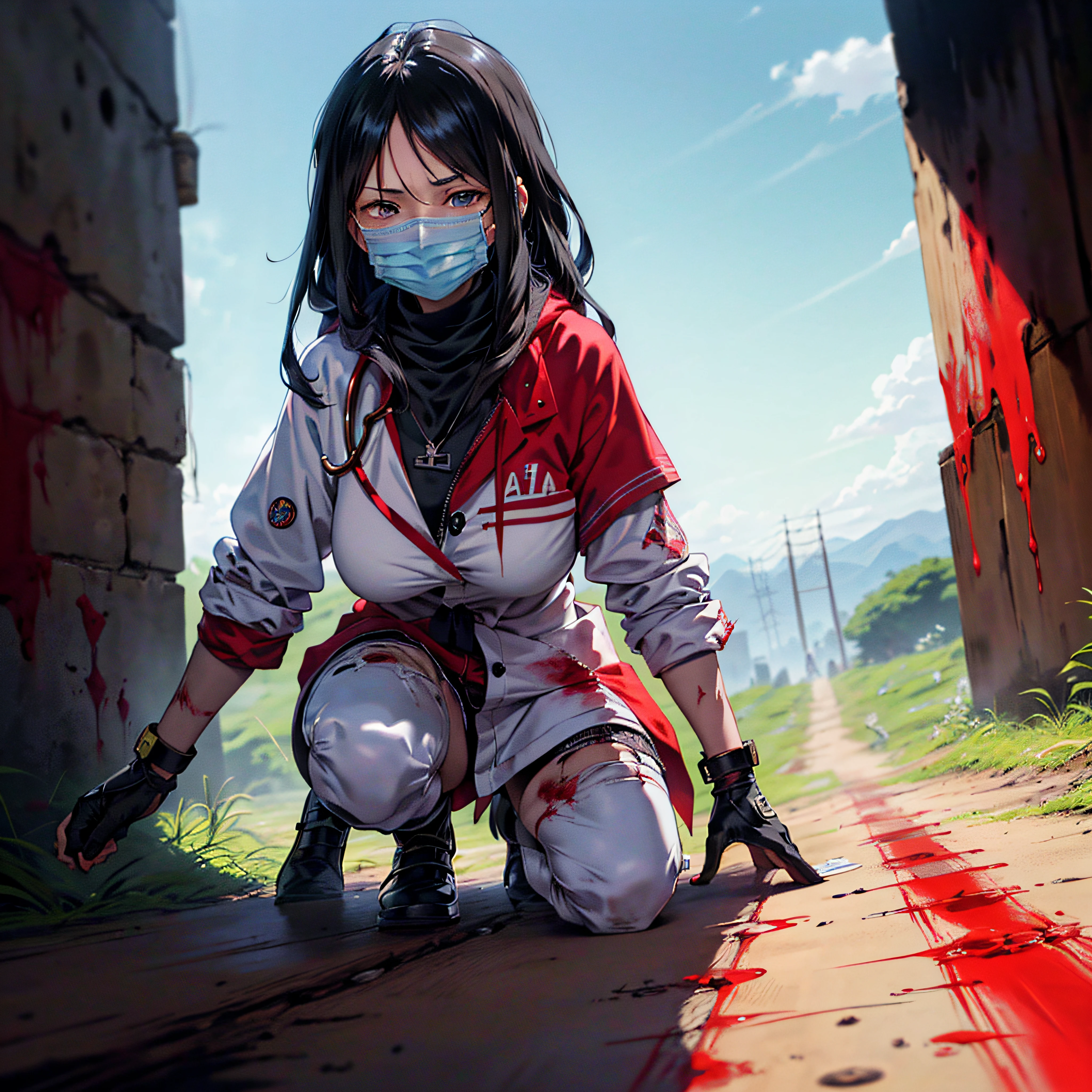 ((obra maestra, alta calidad, mejor calidad, highres, ultra-detallado, 8k: 1.4), 1girl, sangre por todas partes, salpicaduras de sangre, tono oscuro, tono rojo, ojos rojos, corriendo de los zombies, pechos grandes, guantes, escote, ((cabello suelto, peinado alternativo)), zapatos, guantes blancos, cabello sobre un ojo, tacones altos, WMASK, ((Medical patch, WMASK ))), radiation marks, cruz, caderas anchas, gorra de enfermera, enfermera, cintura estrecha, cruz roja, ((sangre, sangre en la ropa, salpicaduras de sangre, abstracto, pared llena de sangre, en una pared de sangre, profundidad de campo, perspectiva: 1.4)), Por kyoto animation,
