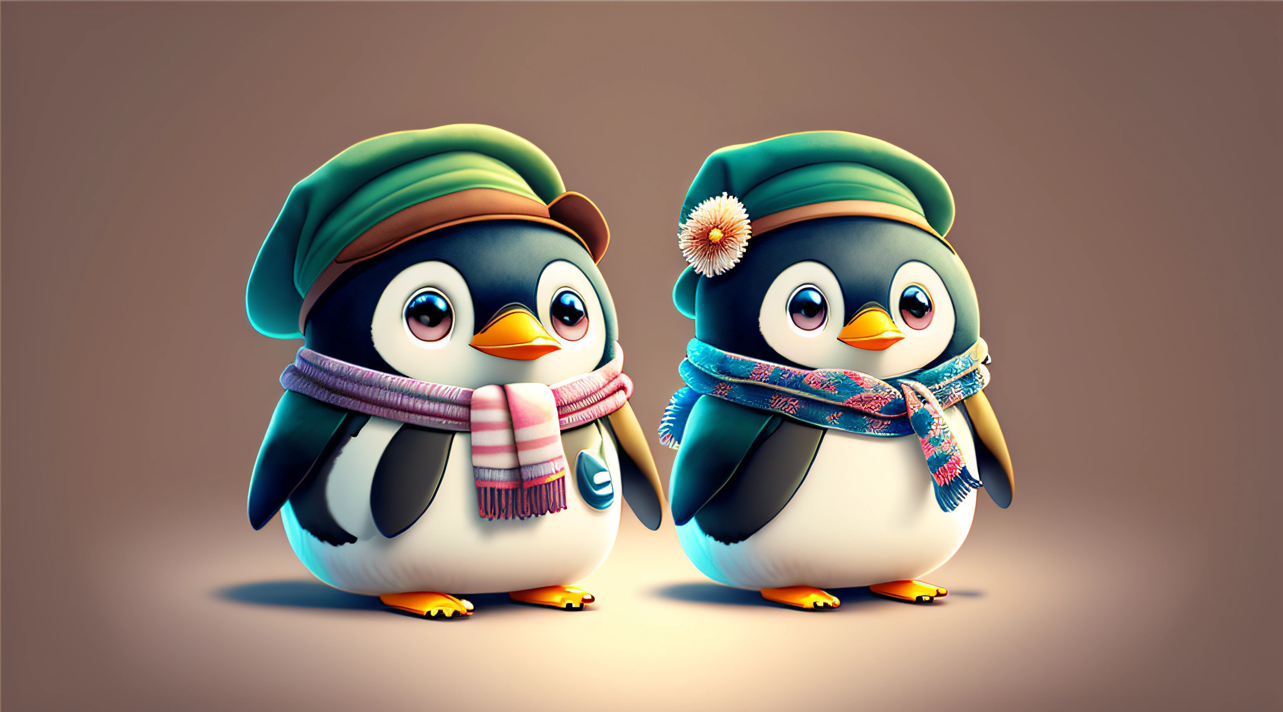Watercolor illustration of a cheerful cute realistic cartoon penguin, wearing a hat and scarf, clearly drawn with big eyes, regular face details, adorable, proportional body, cute angelic appearance, 3D vector graphics, well symmetrical facial features, cute face, watercolor effect, digital painting, 16K resolution, photorealistic rendering, 4D cinema, pure white background, high resolution. --auto