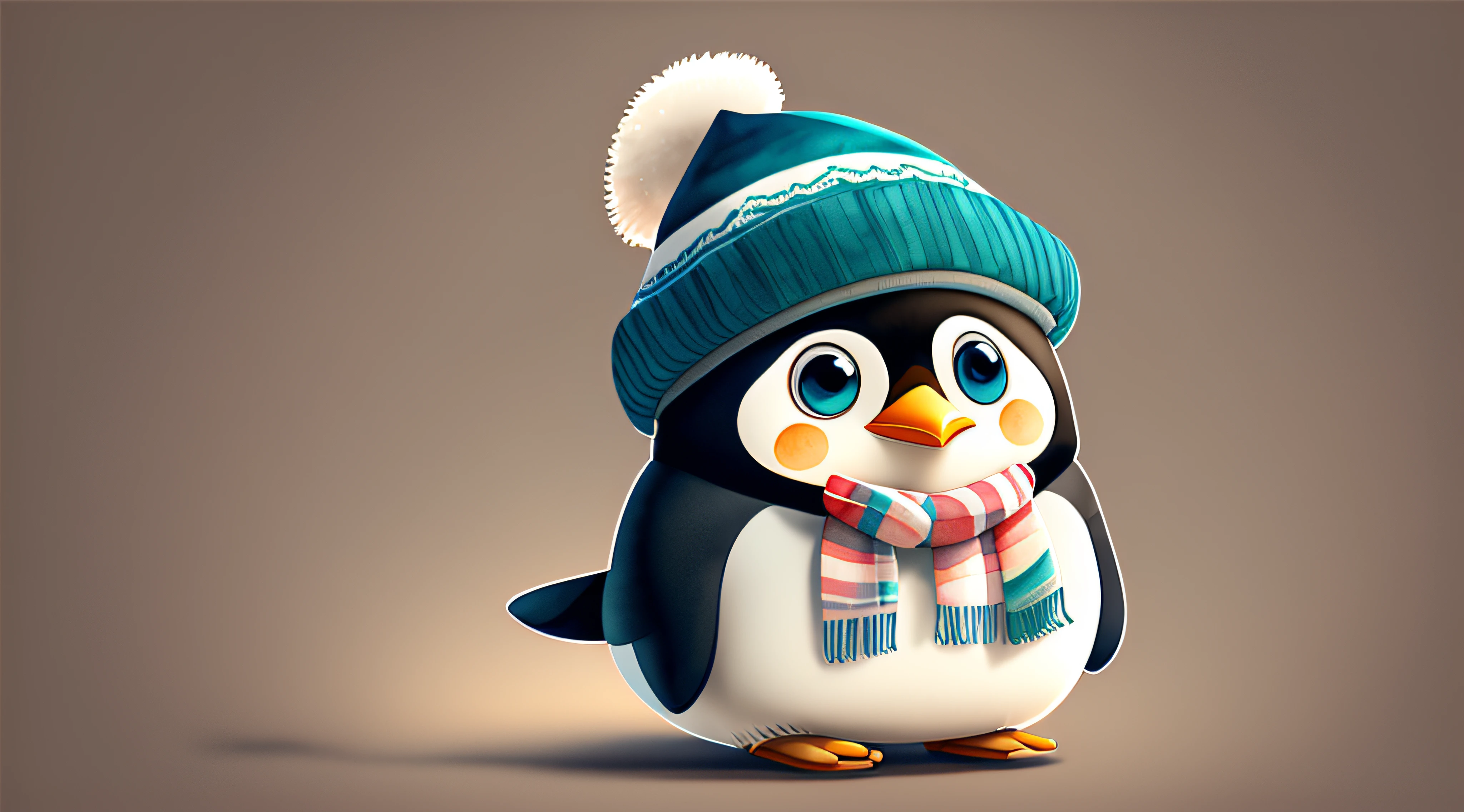 Watercolor illustration of a cheerful cute realistic cartoon penguin, wearing a hat and scarf, clearly drawn with big eyes, regular face details, adorable, proportional body, cute angelic appearance, 3D vector graphics, well symmetrical facial features, cute face, watercolor effect, digital painting, 16K resolution, photorealistic rendering, 4D cinema, pure white background, high resolution. --auto