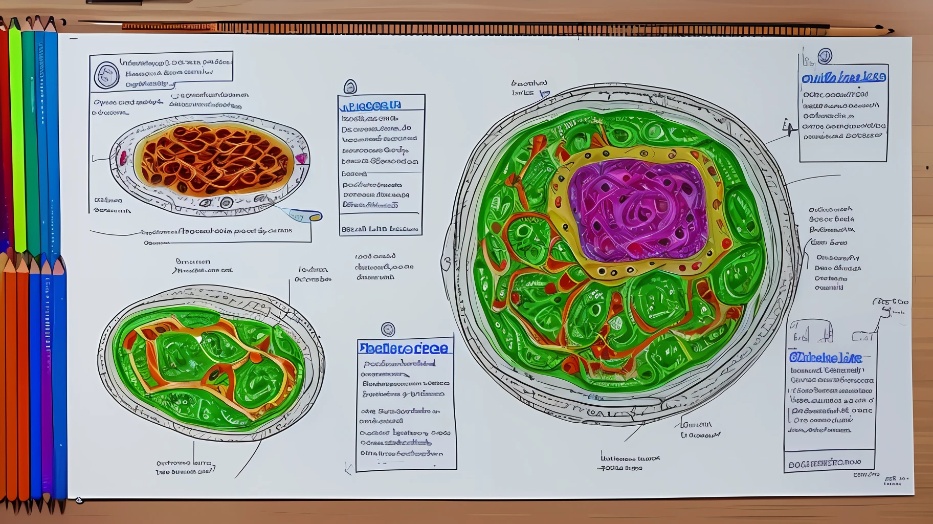 The animal cell, organelles present, stylized, colored drawings