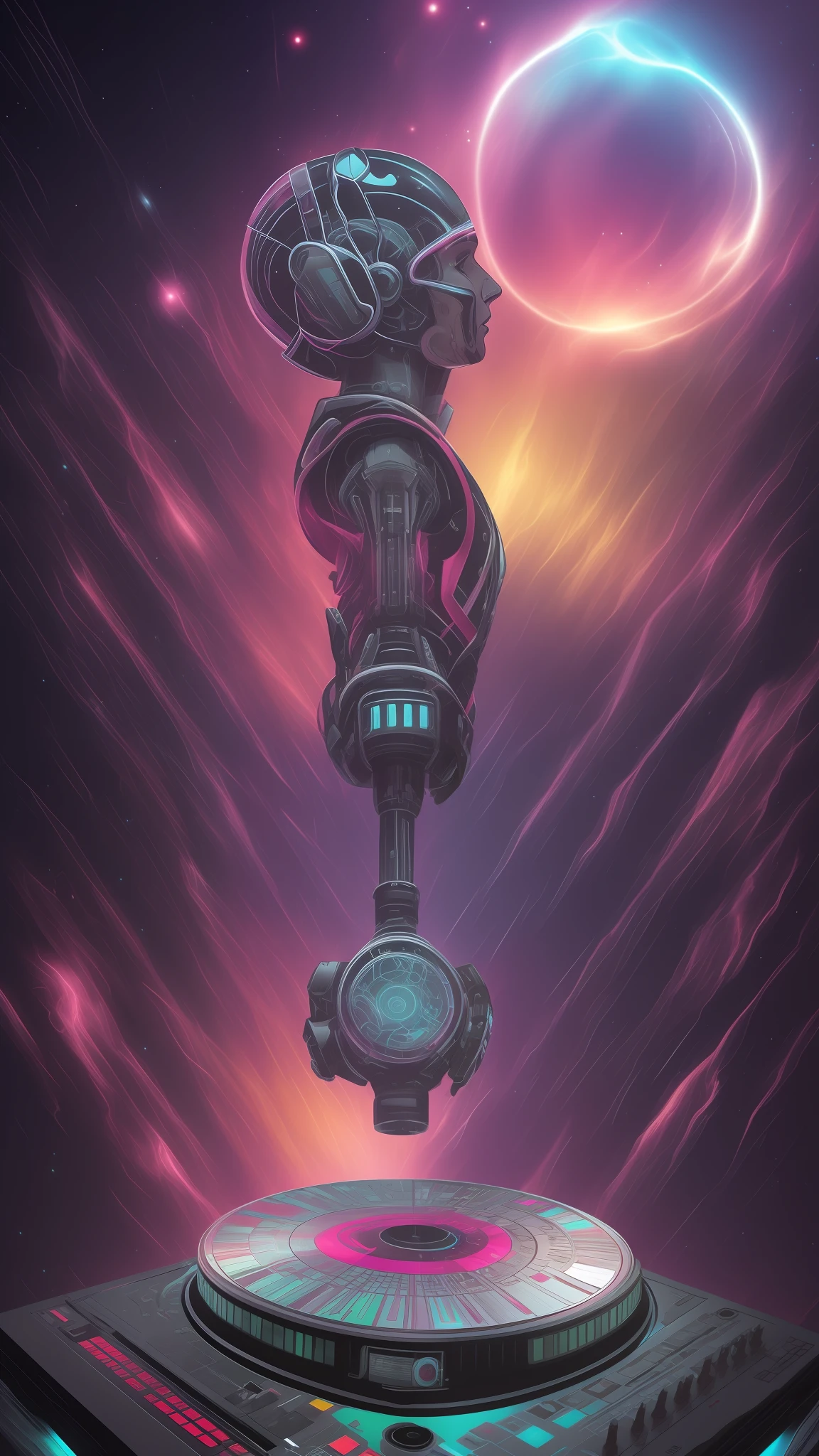 Dj robot inconcebible y espectacular una escena de emergencia de una figura de la nube brillante, hilos de nebulosa fractal, cosmic entities, celeste, cosmic, vibrant and vivid, remolinos, giratorios, poco realistas, alto contraste, simobolismo, magica, mistic, desconcertante, hiperrealista, sobresaturado, colorido
Un dj