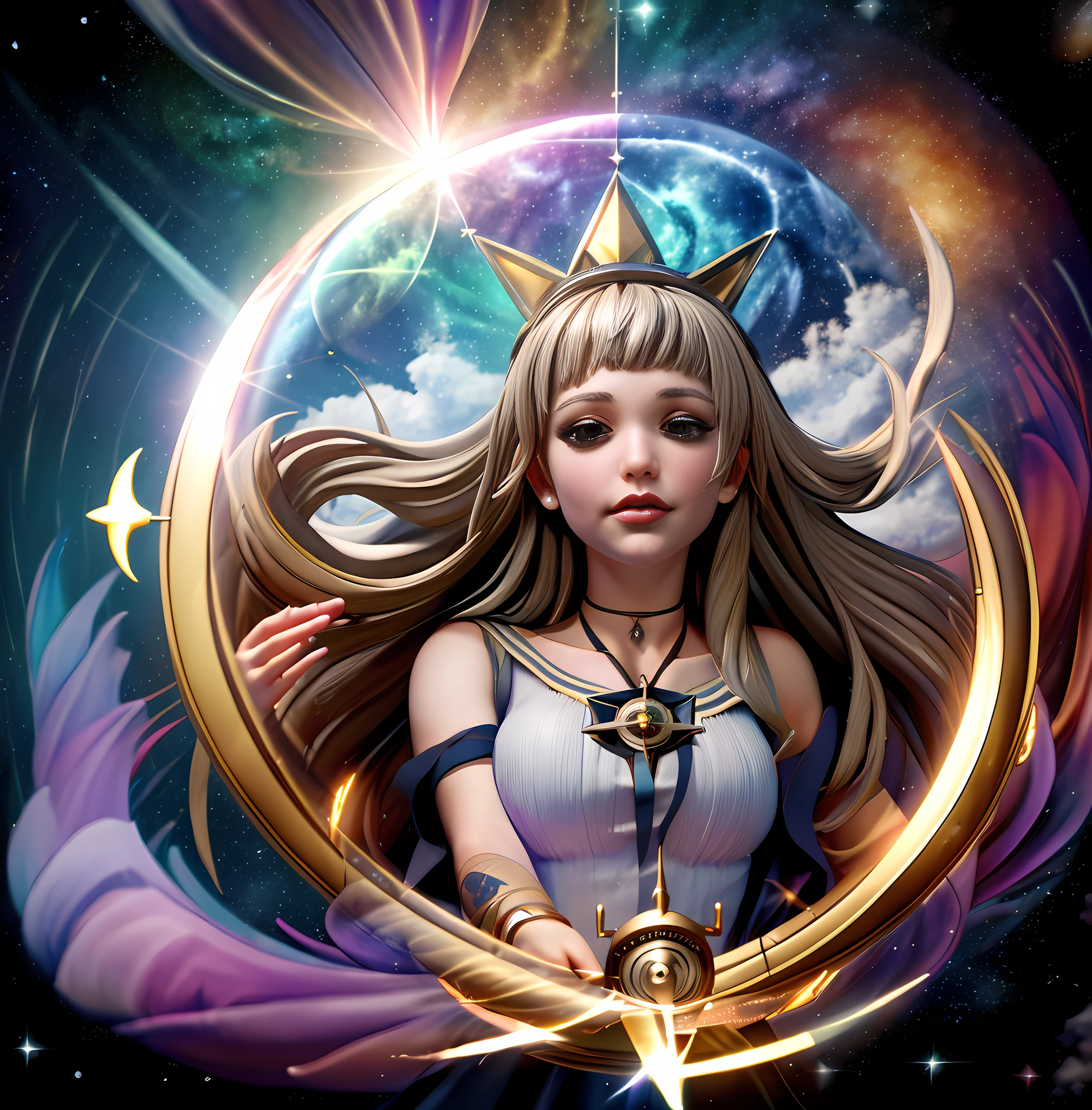 Casting spells while suspended in mid-air, (a celestial compass guiding her path), Mystical and wondrous, BREAK Utilizing a wide-angle lens to capture the expansive sky, Adding a touch of lens flare, a hyperrealistic schoolgirl,
