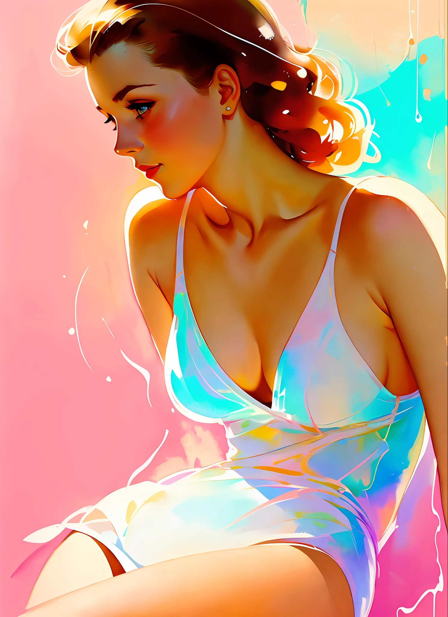 GIL ELVGREN a woman in swimsuit by agnes cecile, luminous design, pastel colours, ink drips, autumn lights