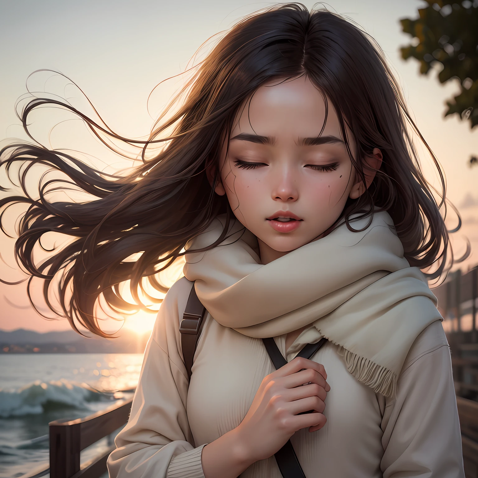 Kizi, Brown hair, hair behind ear, Messy hair, flipped hair, Enjoy daylight with your eyes closed, Tongue stock, High detail,Highly Detailed Face and Skin Textur,Detailed eyes,二重まぶた, modern, Minimalism, romanticism lain, back lit lighting, Vignetting, symetry, Close-up, Sideways, Lens flare, f/1.8, 85mm, Sony FE GM, hyper HD, 4K --auto