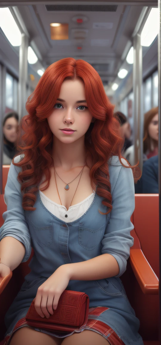 Beautiful red-haired girl with long wavy red hair riding the train, multiple people, artificial lighting,