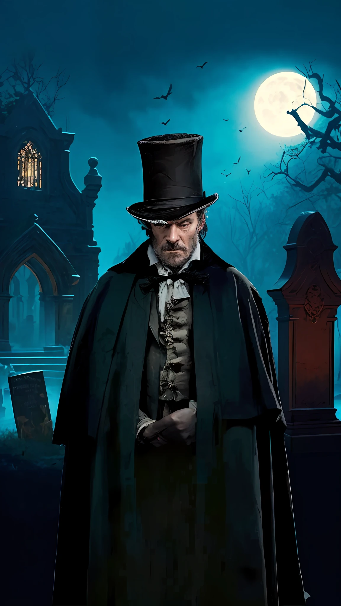 There is a man in the cemetery in a Victorian cloak and top hat,He is in a dark and mysterious cemetery, Cinematic portrait photo of a mysterious man in cape and top hat, Retrato VFX altamente detalhado, taken with a full frame camera with a wild lens