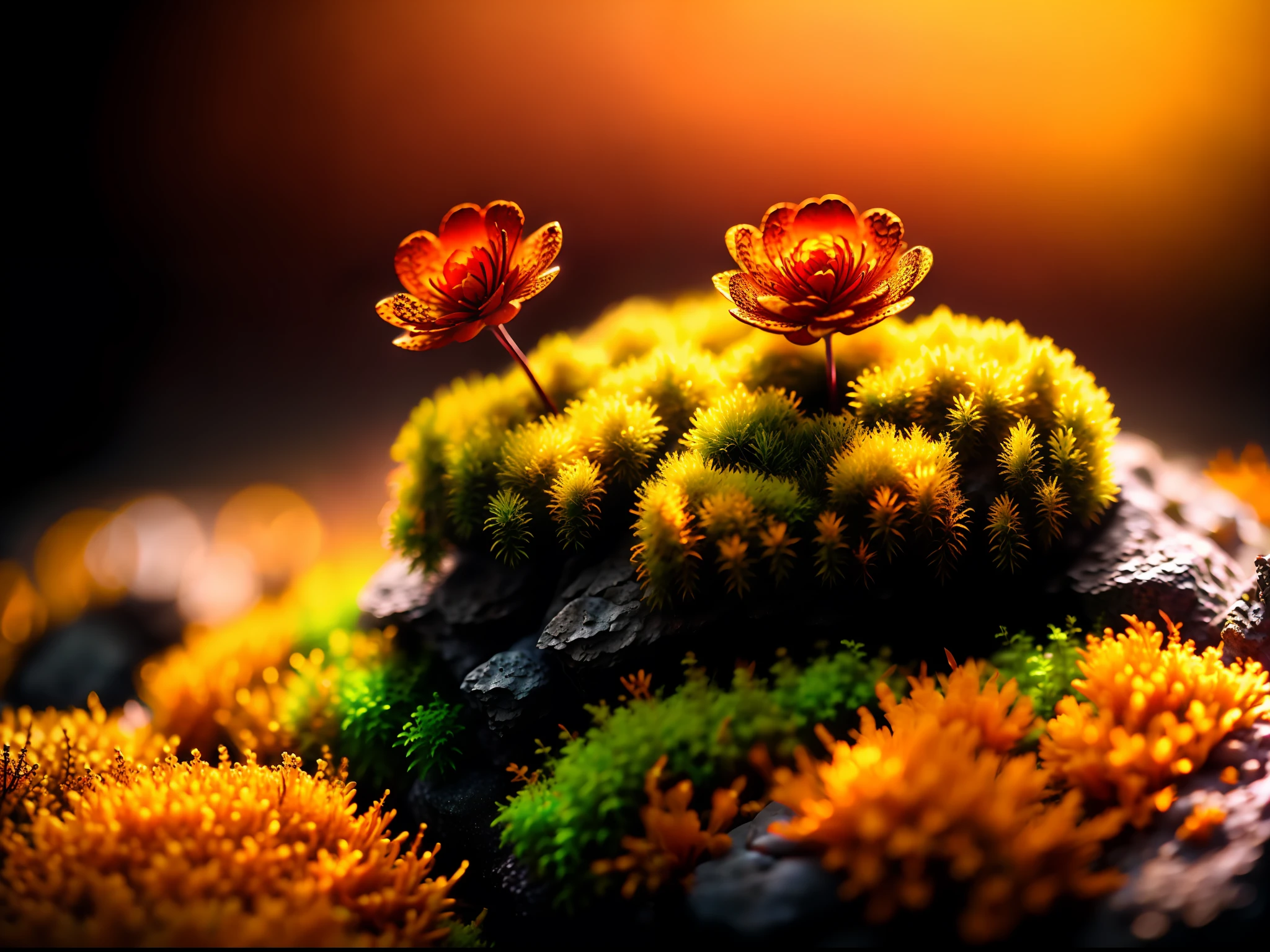 a small orange flower sitting on top of a moss covered rock, fade, slate gray, orange color lookup, (teal and orange:0.7), cinematic colors, vignette, lowkey, glowing, dark depth of field