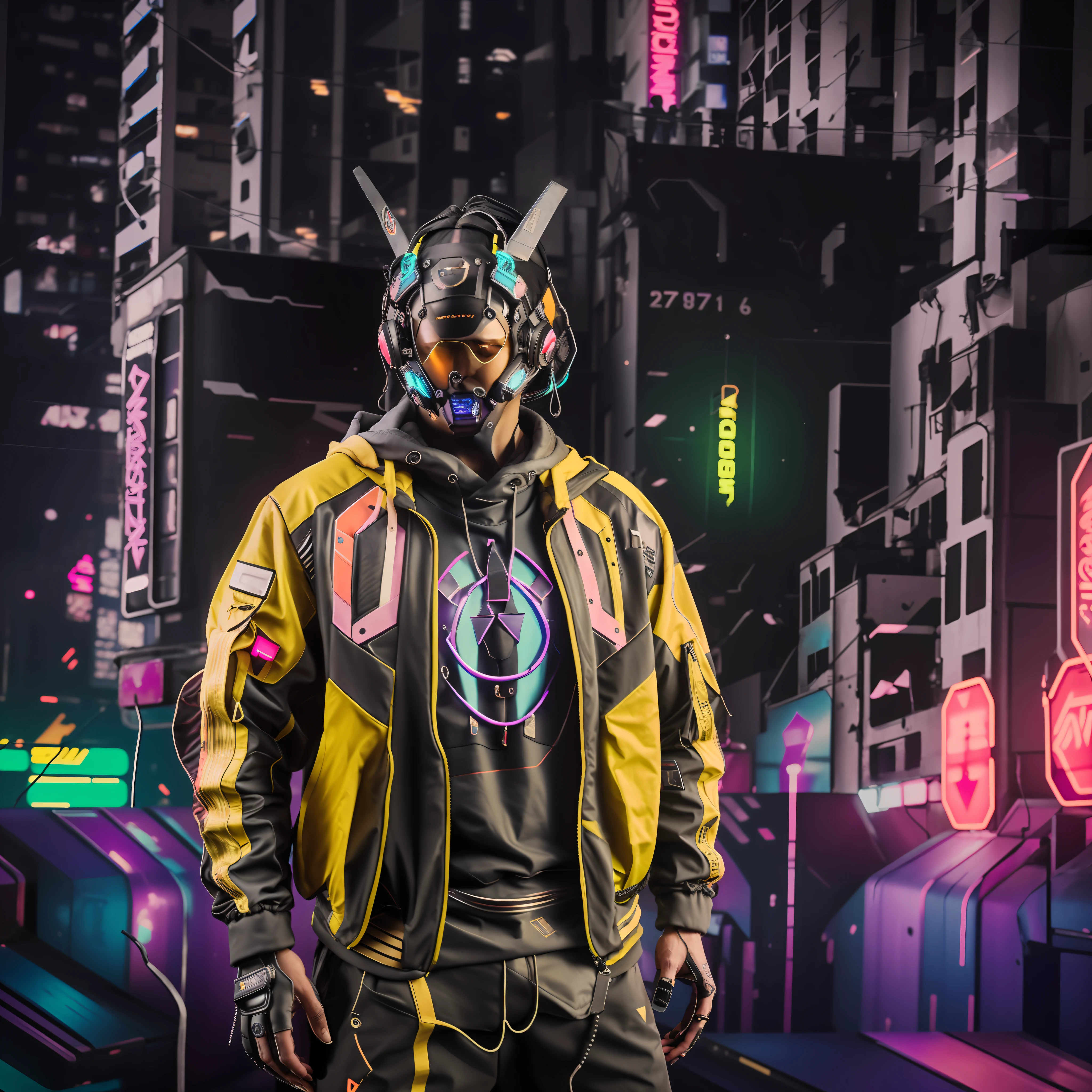 arafed man wearing a colorful hoodie and a neon jacket, cyberpunk streetwear, wearing cyberpunk streetwear, wearing cyberpunk 2 0 7 7 jacket, cyberpunk wearing, cyberpunk flame suit, cyberpunk techwear, wearing space techwear, hyper-realistic cyberpunk style, cyberpunk vibrant colors, cyberpunk style outfit, cyberpunk armor, cyberpunk vibe, in cyberpunk style, cyberpunk outfit, cyberpunk suit