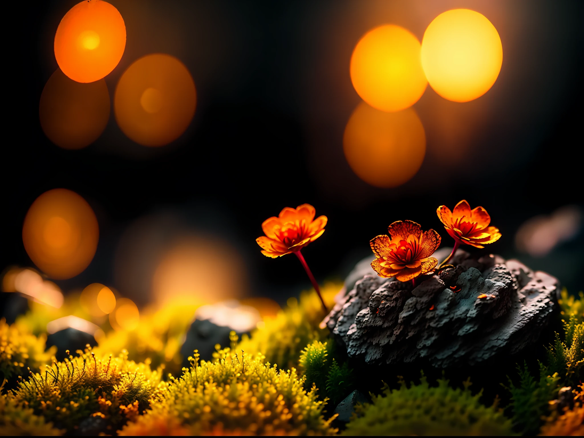 a small orange flower sitting on top of a moss covered rock, fade, slate gray, orange color lookup, (teal and orange:0.7), cinematic colors, vignette, lowkey, glowing, dark depth of field