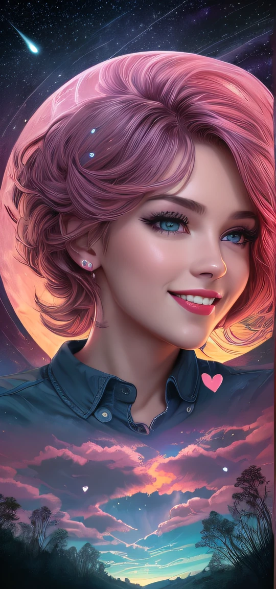 Beautiful land, filled with water and lava, Intricate, Masterpiece, Clever, insanely detailed, 4k, composition, Crop, in the center, symmetry, Drawn, Intricate, voluminous lighting, beutiful, A masterpiece saturated with deep colors, sharp-focus, overdetalization, in the style of Dan Mumford and Mark Simonetti, astrophotography Bust of a cute girl, a 1girl, c-cup breasts, shoulder length pink hair, straight hair, (dark blue eyes), (light blue long sleeve shirt), (white flowy dress), park scenery, cute face, beautiful smile, full lips, pink lipstick, glossy lips, Cowboy shot, detailed lips, romantic date, hair blowing in wind, floating hearts, apaixonado, Masterpiece, Best Quality