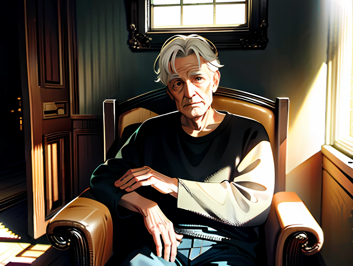 old weathered man, old house, sitting in comfy armchair, streak of sunlight hitting face, casual pose, aesthetic, intricate, caustics, light rays, sunlight