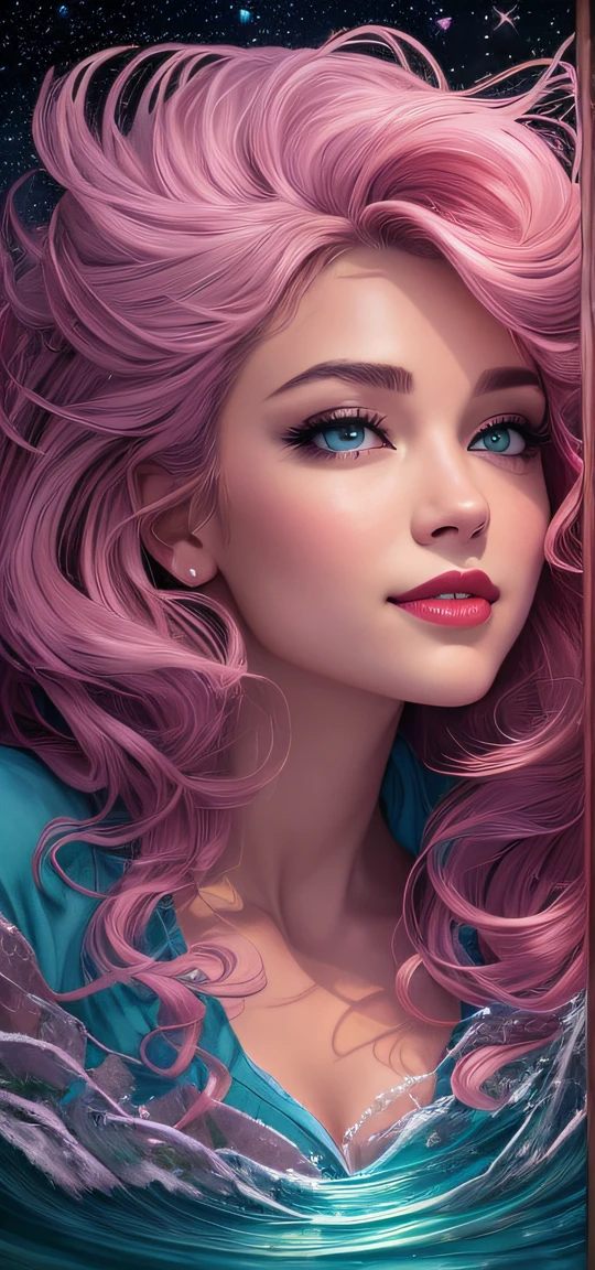 Beautiful land, filled with water and lava, Intricate, Masterpiece, Clever, insanely detailed, 4k, composition, Crop, in the center, symmetry, Drawn, Intricate, voluminous lighting, beutiful, A masterpiece saturated with deep colors, sharp-focus, overdetalization, in the style of Dan Mumford and Mark Simonetti, astrophotography Bust of a cute girl, a 1girl, c-cup breasts, shoulder length pink hair, straight hair, (dark blue eyes), (light blue long sleeve shirt), (white flowy dress), park scenery, cute face, beautiful smile, full lips, pink lipstick, glossy lips, Cowboy shot, detailed lips, romantic date, hair blowing in wind, floating hearts, apaixonado, Masterpiece, Best Quality