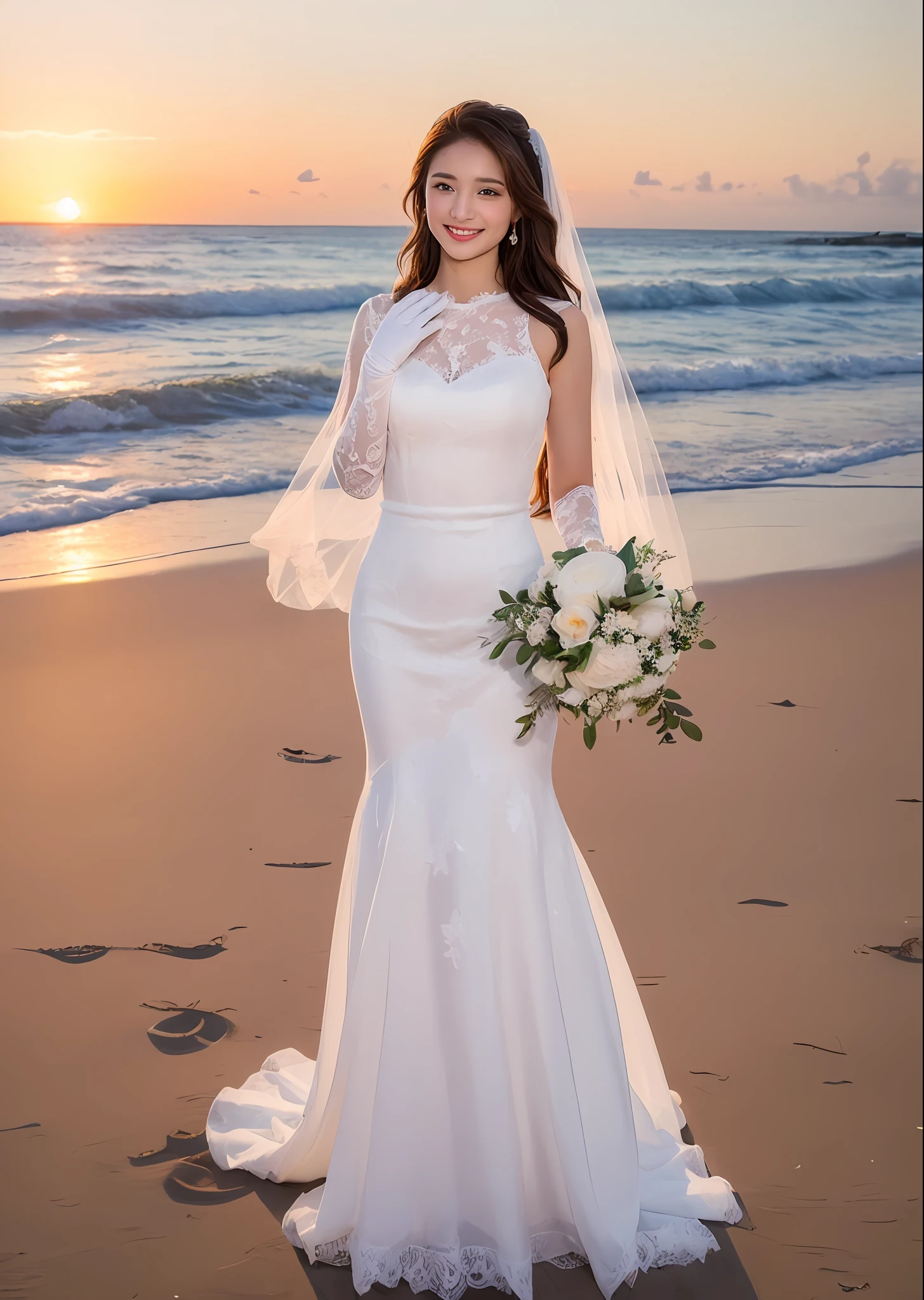 ((top-quality、masterpiece:1.3)), fullllbody, long legged, foco nítido:1.2, Cute woman with perfect body shape smiling face:1.4, Slender Abs:1.1, ((dark brown hair、hugetits:1.2)), (white gorgeous lace wedding dress、bouquet、White veil:1.4、White high heels、White ultra-thin long gloves、holding the bouquet with both hands、Standing alone), ((Beach at sunset:1.3)), Highly detailed facial and skin texture, A detailed eye, 二重まぶた、hugetits