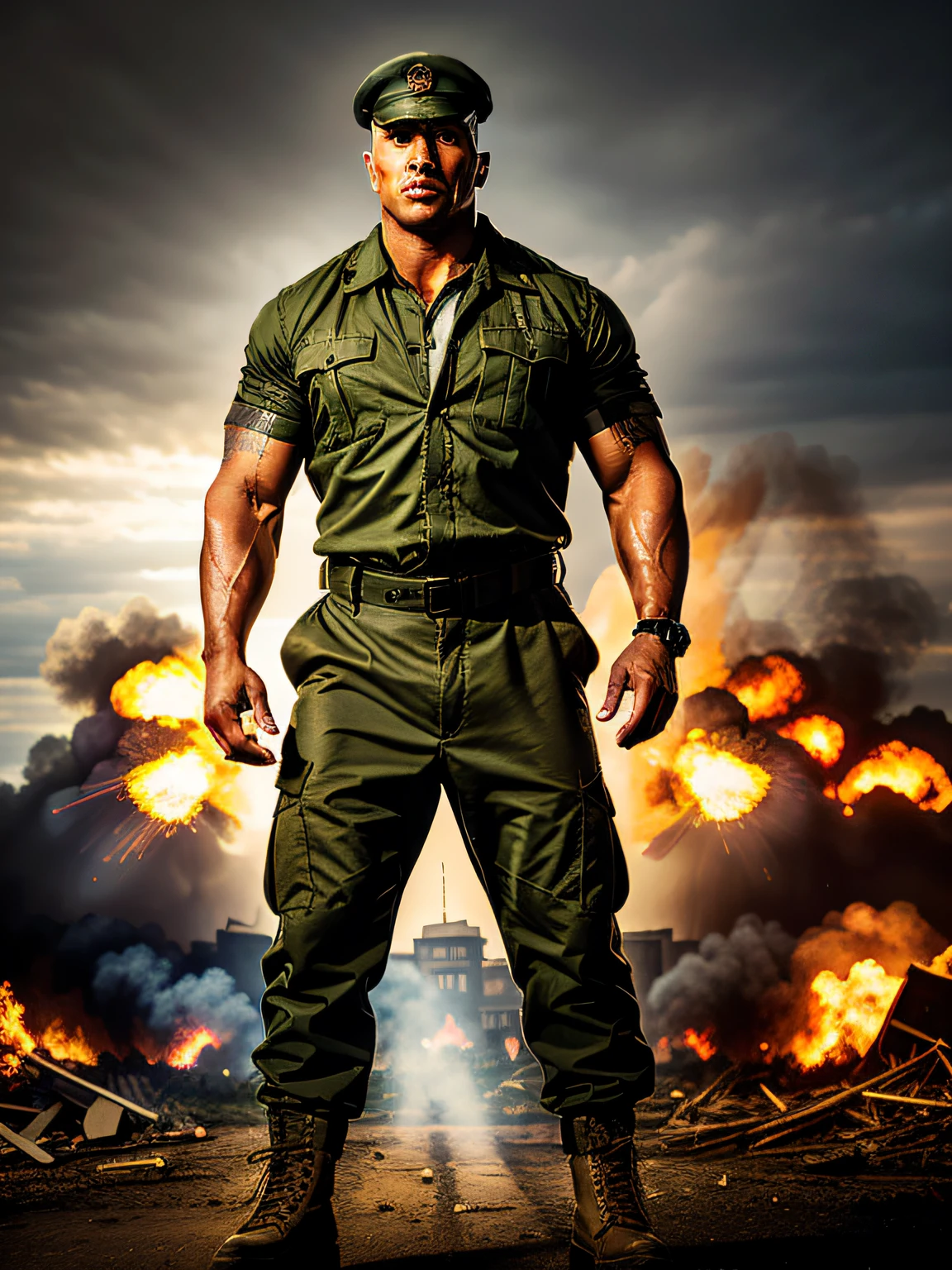 photo of th3r0ck , he is wearing a military clothes, military cap, in battleground destroyed city. dramatic lighting