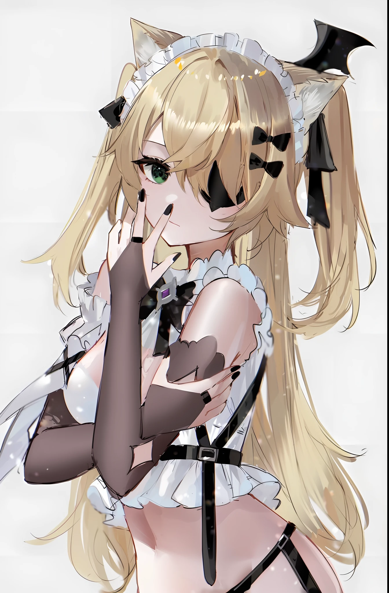 Anime girl with long blonde hair and black and white cat ears, twintails white_mitts, cute anime waifu in a nice dress, Fine details. Girl Front,  in dress, Blonde anime girl with long hair, anime girl in a maid costume, Splash art anime Loliom girls frontline, anime visual of a cute girl, Pixiv style