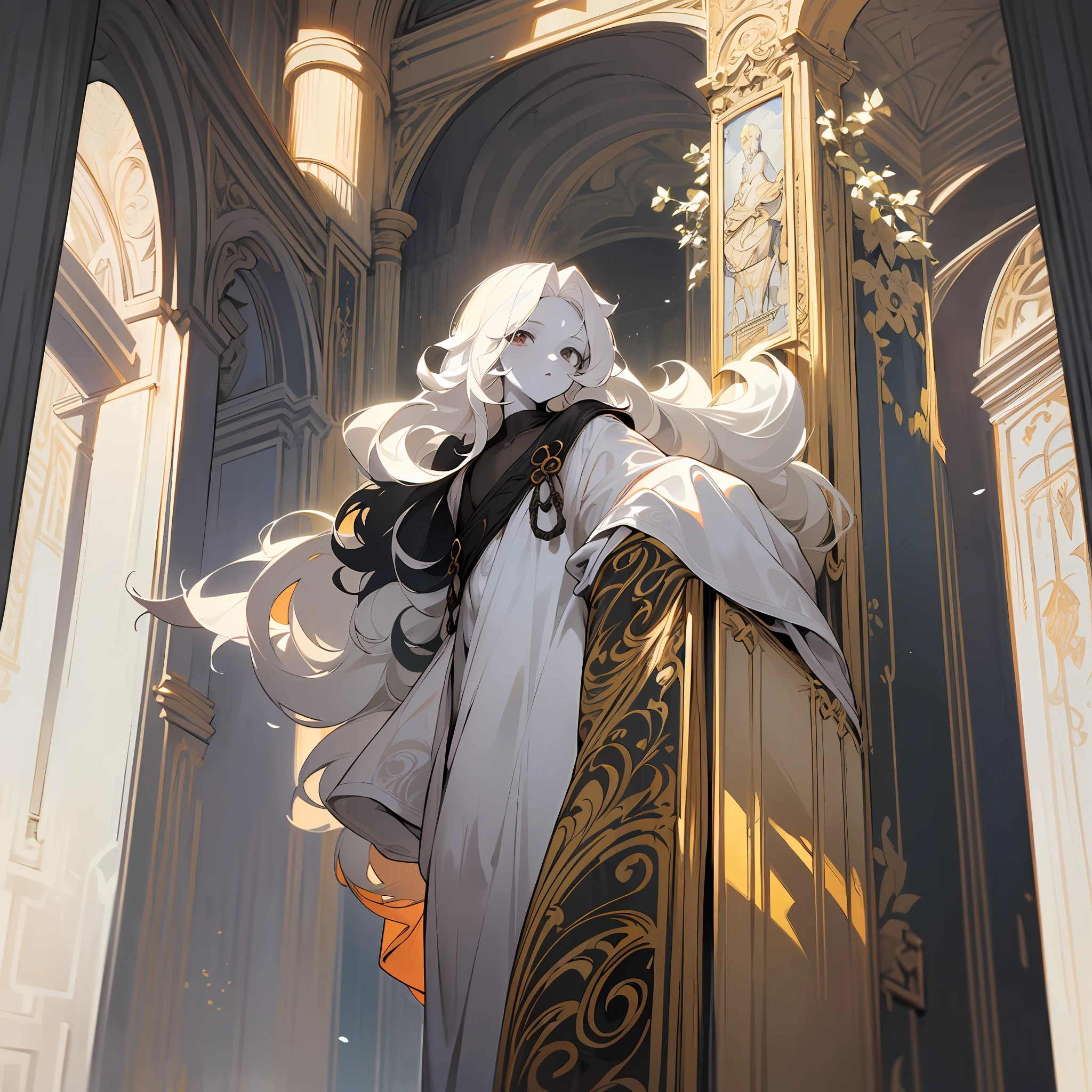 young man, (((one person))), single, solo, (((male))),(slim body), (flat chest), (((white colored skin))), (porcelain skin), (marble skin), (((white-skinned))), (((black colored eyes))), ((black eyes)), (((white colored hair))), ((white hair)), ((long hair)), ((poofy hair)), fluffy hair, (wavy hair), (((fantasy style))), wearing fantasy robe, flowy robe, christian inspired, ((fantasy patterns on clothes)), ((magical patterns)), warm light falling down from above, (praying hands), (looking up), inside a fantasy temple, (((looking away from the viewer))), ((facing away)),