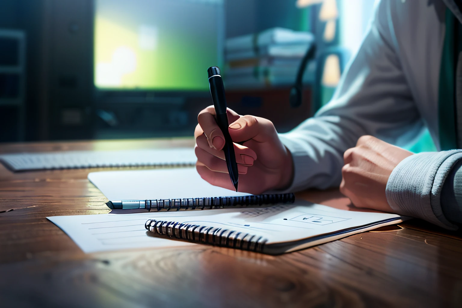 someone is writing in a notebook with a green pen, papel e caneta, writing in journal, escrever uma carta, cuidadosamente desenhado, assunto completo mostrado na foto, writing on a clipboard, foto tirada, Escritos, desenhado digitalmente, em um fundo escuro, Drawing pictures in a notebook, visual deslumbrante, anime style, arcane style.