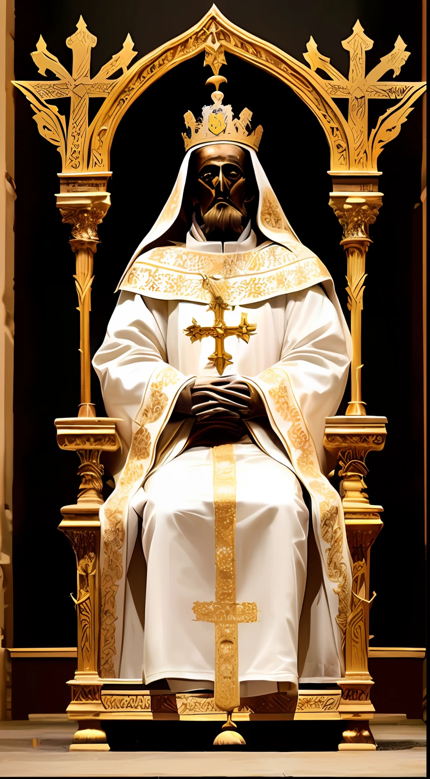 (masterpiece, high resolution, oil painting, style by Greg Rutkowski:1.3), skeletal-mannequin, (9th-century papal attire:1.2), threadbare, golden embroidered details, seated on (aged wooden throne:1.1), carved designs, cobwebs, dim candlelight, shadowy catacombs, stone archways, fading frescoes, dusty tombs, cool colors, eerie atmosphere, side view, full-body shot.