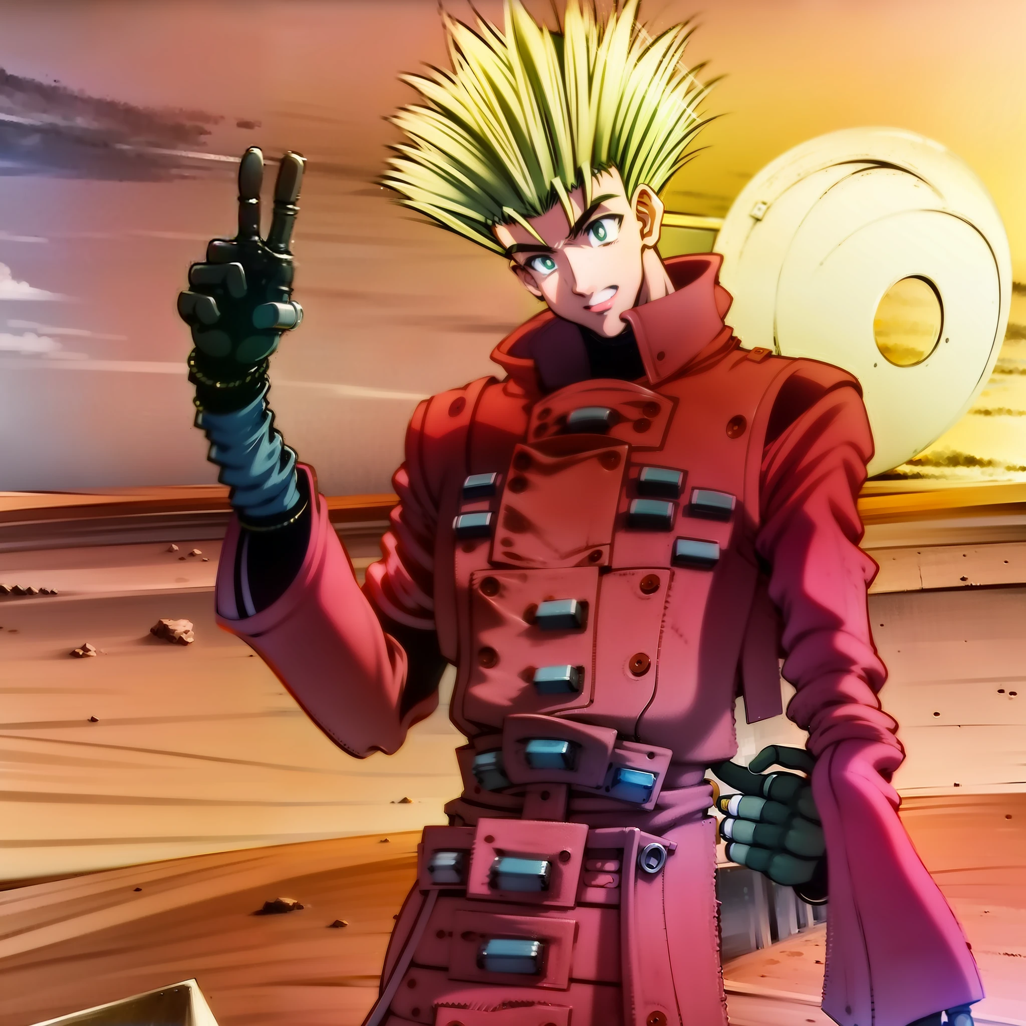 Awesome coherent anime screenshot of Vash the Stampede from Trigun anime!, posing for a picture, Making a sign of peace!, desert background!, Sharp angle, Heroic images, Dynamic Scene; hiquality, High Resolution, Highly detailed, Masterpiece, HD, 8K