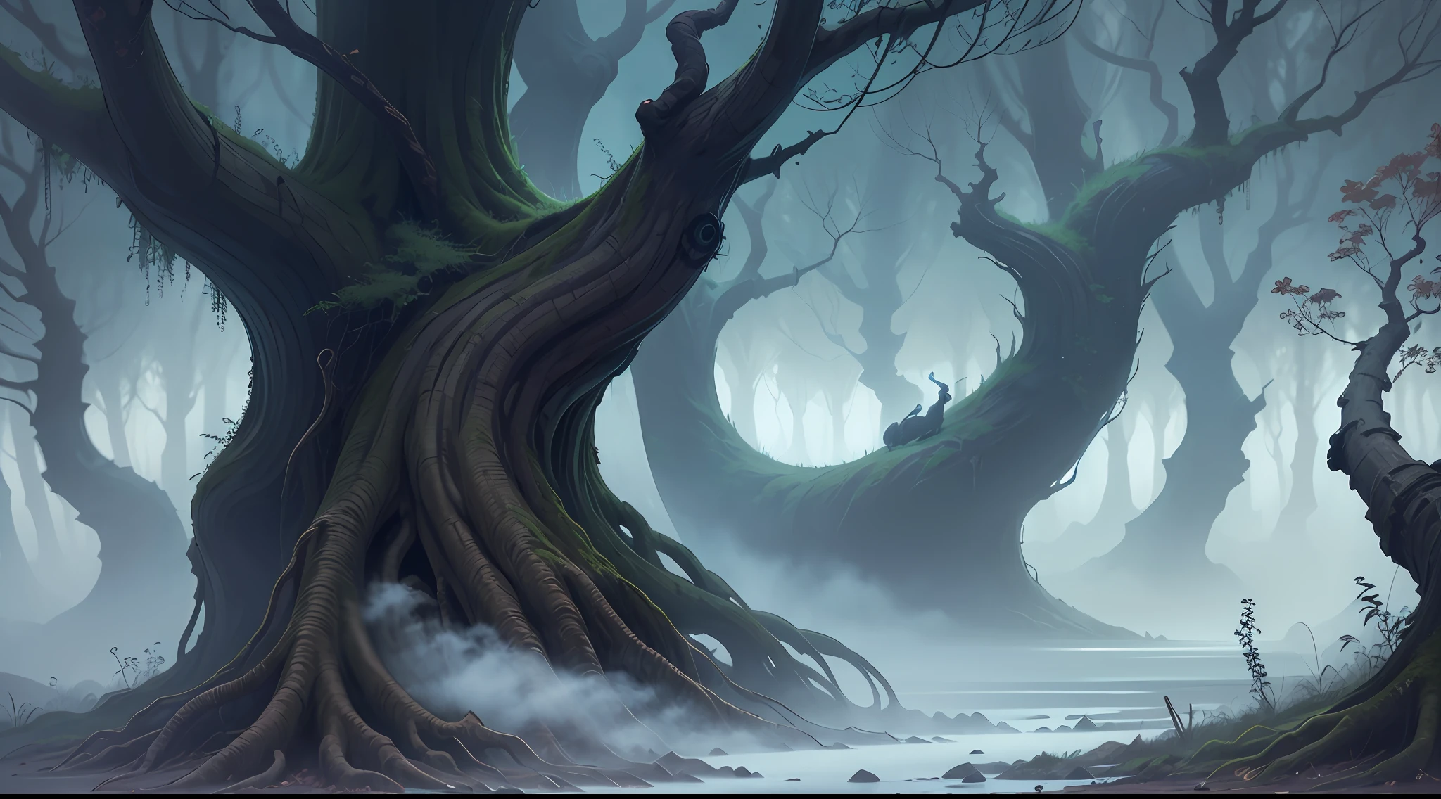 The silvery moonlight pours its ghostly glow over the dense fog that curls among the twisted trees of a gloomy grove. Intertwined bare branches block some of the pale light, casting ominous shadows over the forest floor. Um vento frio sussurra entre os troncos, fazendo os galhos rangeram e gemerem.
The mist moves like a living entity, Snaking through the trees with his spectral fingers. Indistinct shapes seem to writhe within the mist, fading when you try to focus. Shadows dance and wobble as the mist passes over the moonlight.
O forest is eerily silent, except for the occasional sound of sticks popping under his feet. You wrap yourself tighter in your cloak, moving cautiously forward as the flickering moonlight guides her way through the mist. --auto --s2