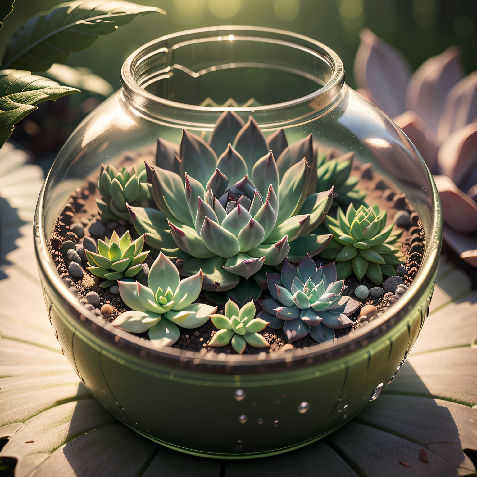 (macro), (night scene), (multiple colored succulents in glass jar), (macro photography), (concept art style), (flash, error view), (close-up, outline), f/16, (ultra hd image quality), (ultra detail), (firefly), (increase depth) (size contrast) (mysterious)(water droplets on leaves) (dreamy)