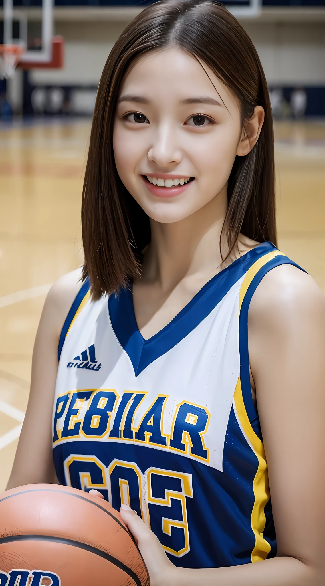 (4K、top-quality)、(realisitic、Photorealsitic)、
1girl in、独奏、full bodyesbian、(face to the viewer)、basketball、Basketball Uniforms、Indoor basketball court、Bob Hair、Sweat on the face、a smile、
perfect hand、finerly detailed face、20yr old、