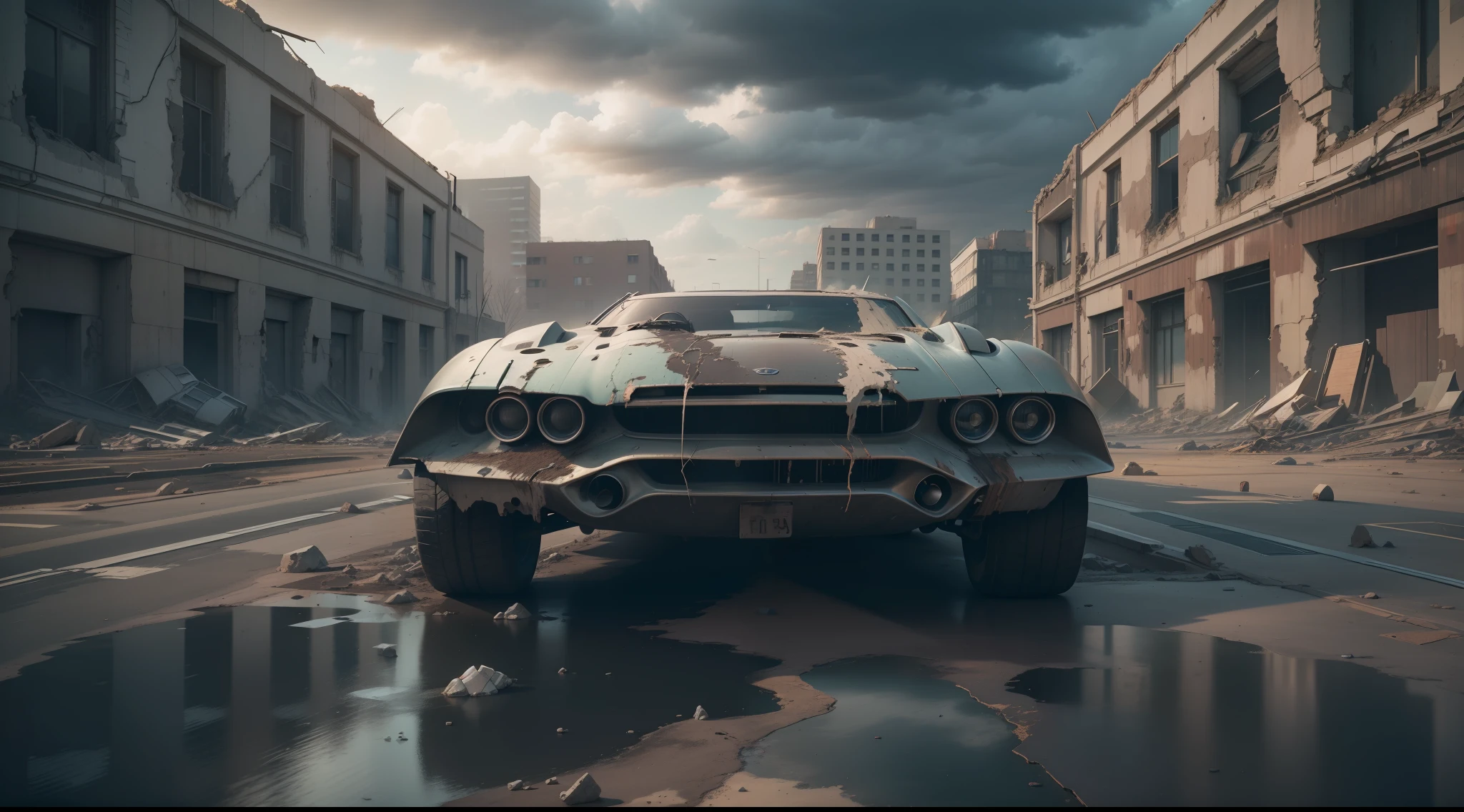 A futuristic car at the center of scene, post apocalypse time, city, buildings in ruin, no people, dramatic sky, 8k, stunning composition