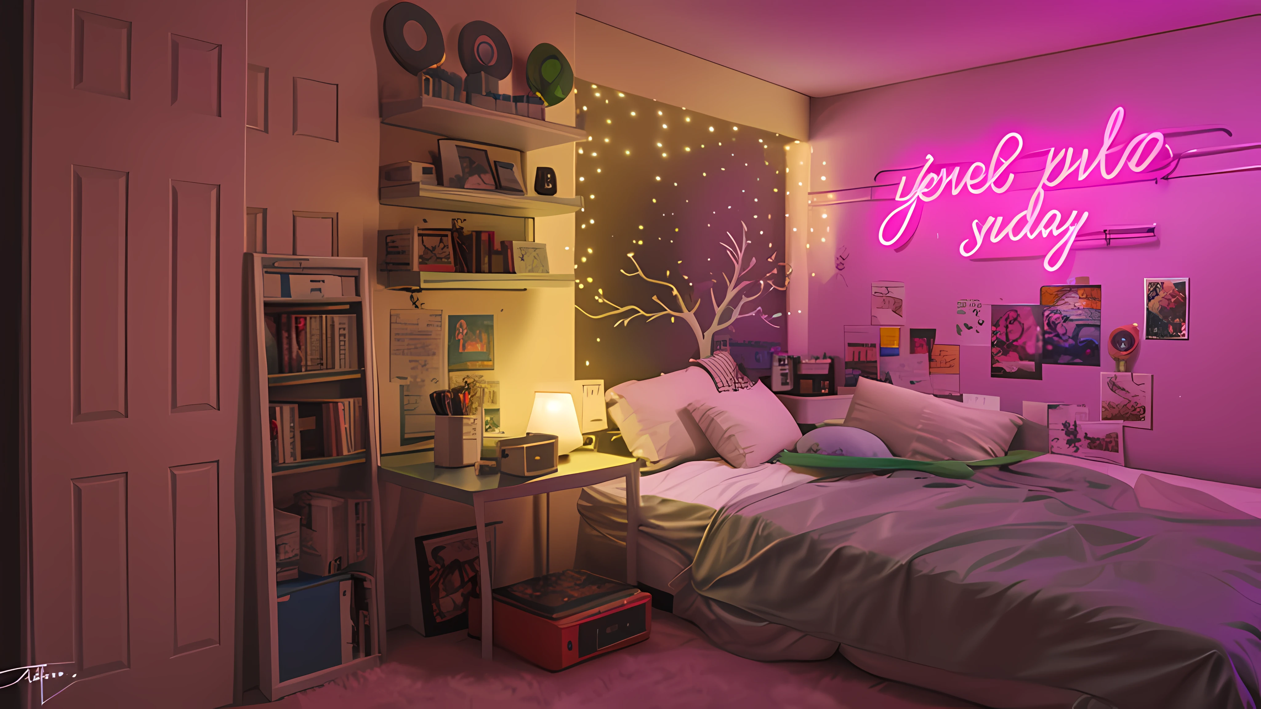 There is a bed with white duvet and a neon sign, quarto adolescente cyberpunk, bem detalhado, 4k, aconchegante retrofuturismo, Cyberpunk Room at Night, Elogio Artstyle, quarto infantil cyberpunk, soft neon atmosphere, in a cyberpunk themed room, an 80's bedroom, Neon environment, synthwave aesthetic, arte de fundo, decada de 90, Anos 90