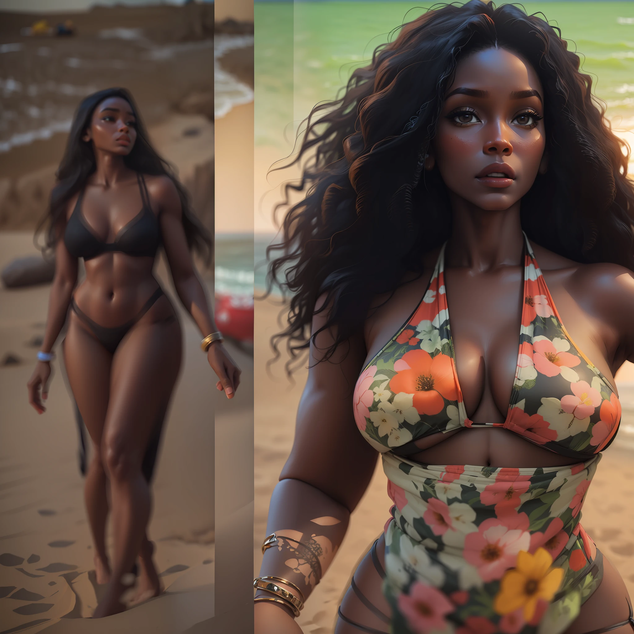 Uma jovem negra, ((mulata)), ((pele escura)), andando na praia, wearing bikini with flower prints, corpo bonito, ((cena de corpo inteiro)), apenas uma mulher em cena, in front of the camera, she's wearing simple tight clothes, micro bikini, realista, imagem extremamente detalhado, figura extremamente detalhada, ((apenas uma mulher em cena))