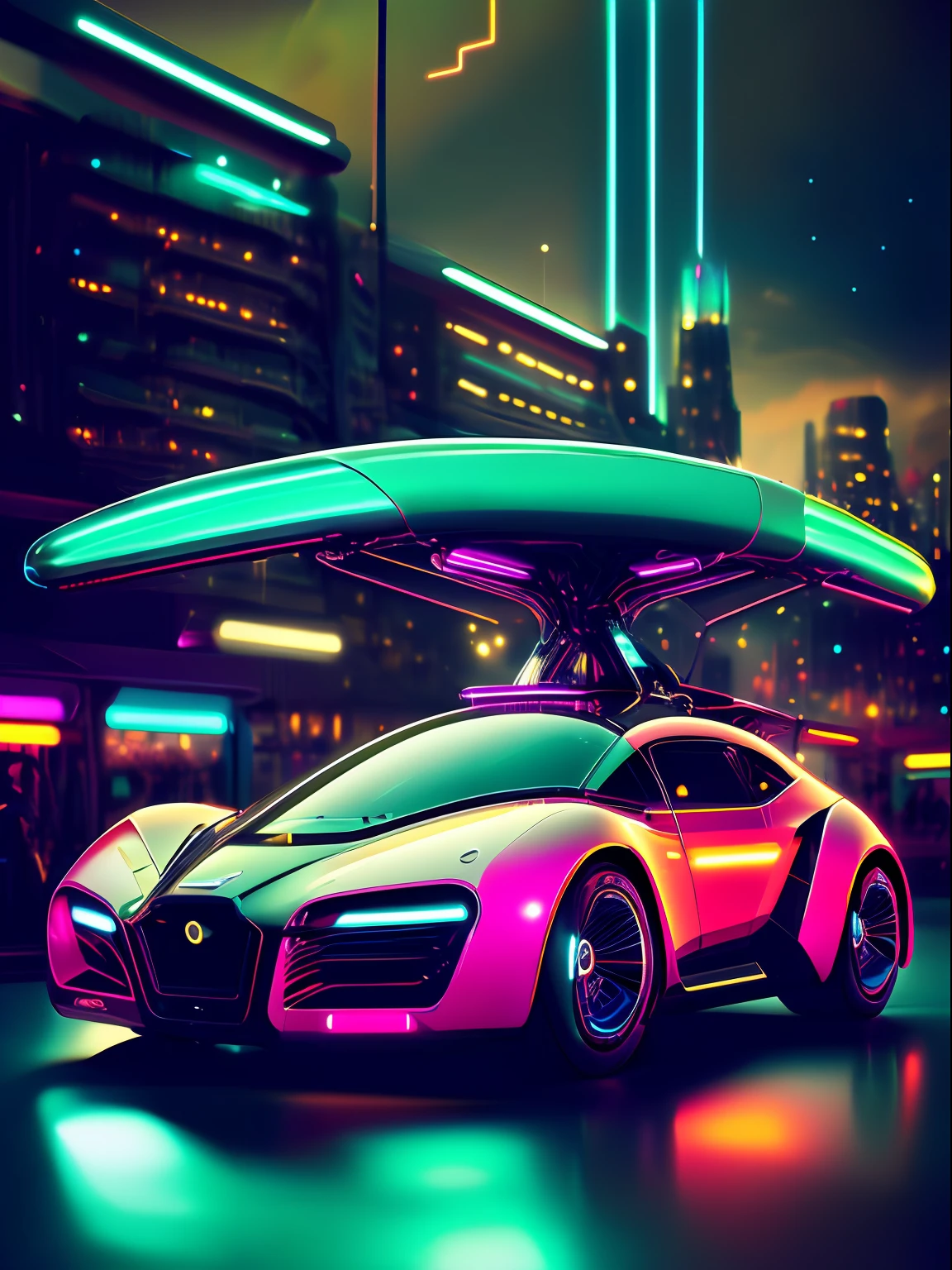 Aerodynamic futuristic concept car gliding through a city of neon lights in a retro 1940s style, with ((trailing light streaks)) illuminating its sleek curves.