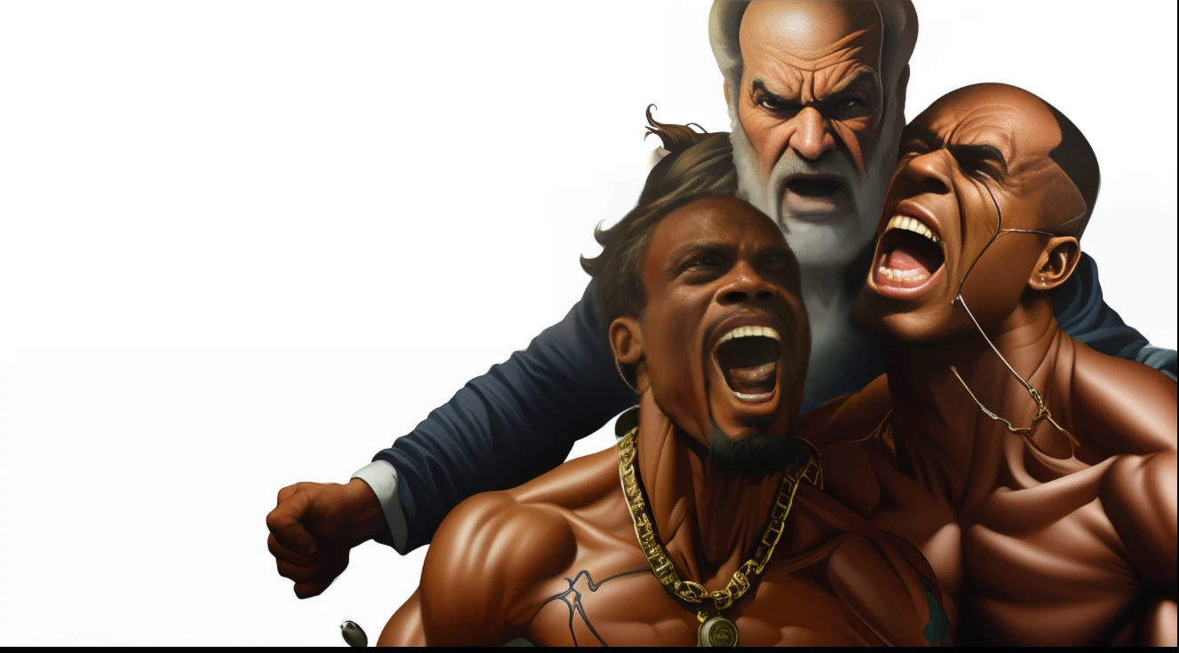 Image of a man with a beard and face without a beard and three men with chains around their necks, Greg Manxadinho, Alex Ross e Richard Corben, caracteres musculares, inspirado em Gregory Manchess, inspirado em F Scott Hess, dramatic artwork, inspirado em F. Scott Hess, inspirado em Ernie Barnes, inspirado em Kadir Nelson, Mark Brooks detalhou