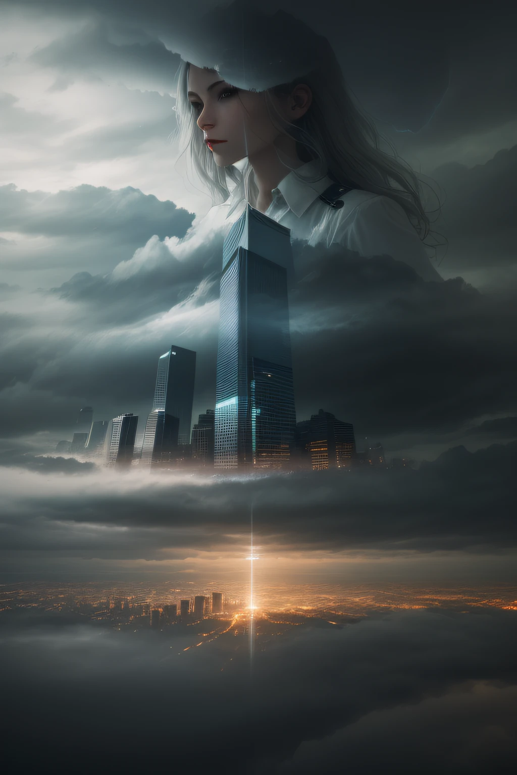 [foggy cityscape in the distance : very pretty girl, city:0.33] immersed in a giant flow of wind, living in a thunder cloud, behind the cloud, (double exposure:1.3), mist, surreal dream, gray atmosphere, rainy day, dynamic, lut, hdr