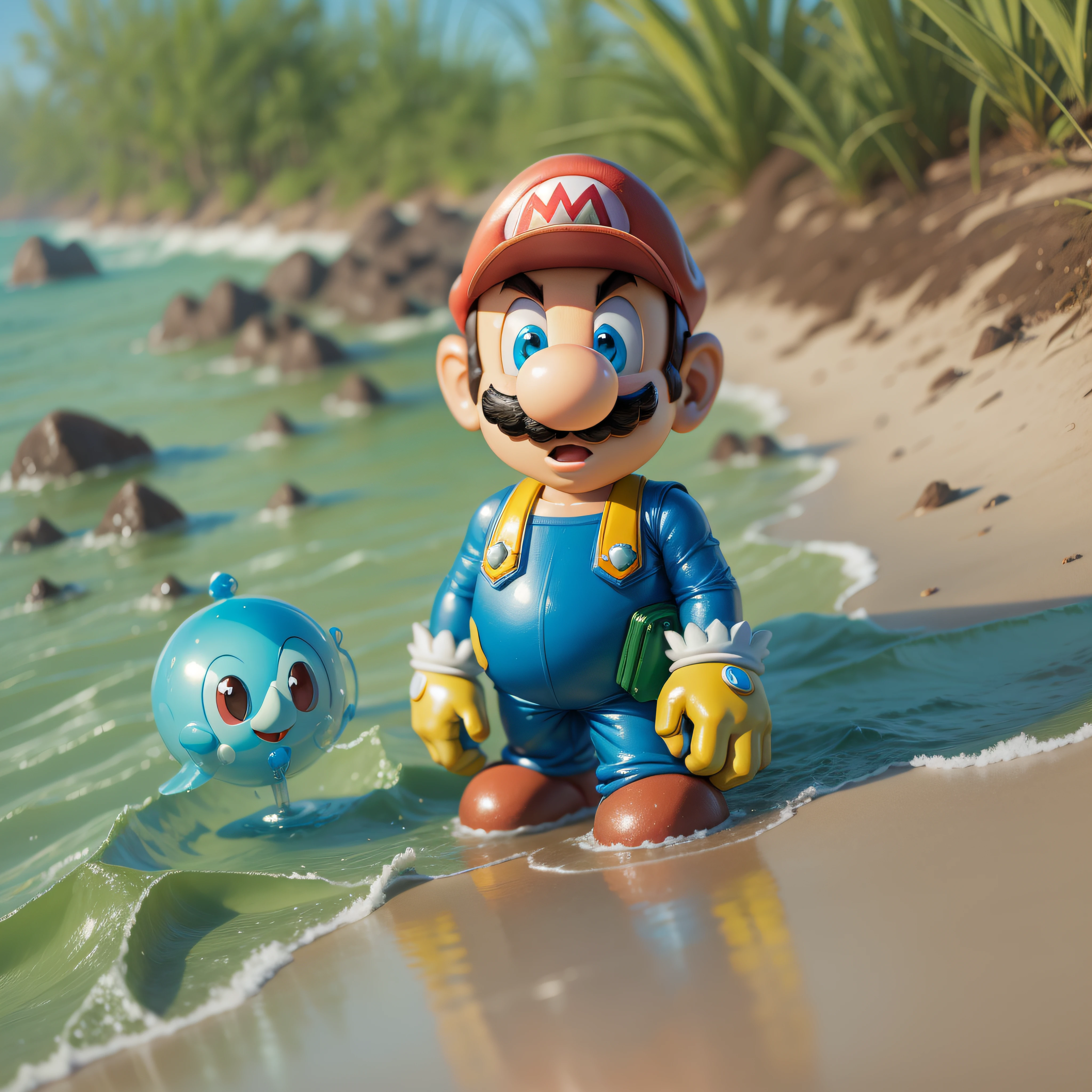 super mario pulando em um cogumelo azul em uma praia cheia de mosquito
