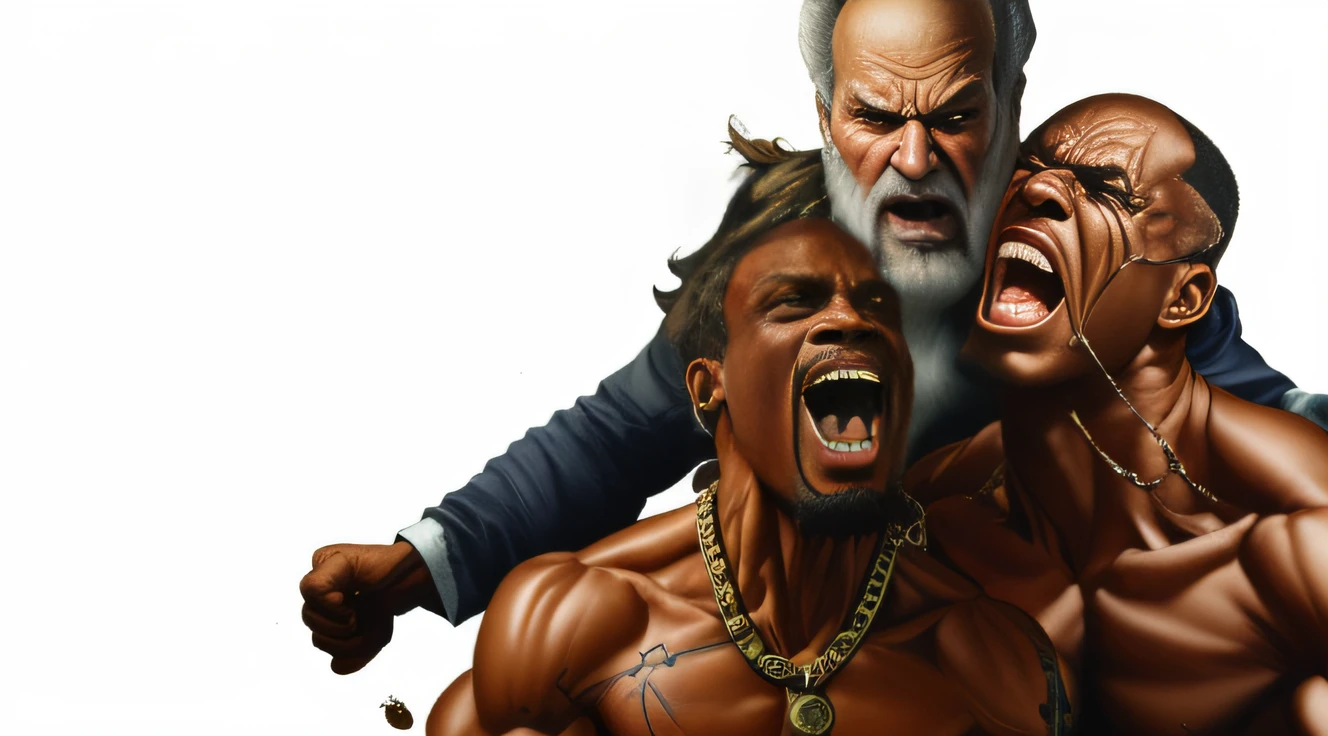 Image of a man with a beard and face without a beard and three men with chains around their necks, Greg Manxadinho, Alex Ross e Richard Corben, caracteres musculares, inspirado em Gregory Manchess, inspirado em F Scott Hess, dramatic artwork, inspirado em F. Scott Hess, inspirado em Ernie Barnes, inspirado em Kadir Nelson, Mark Brooks detalhou