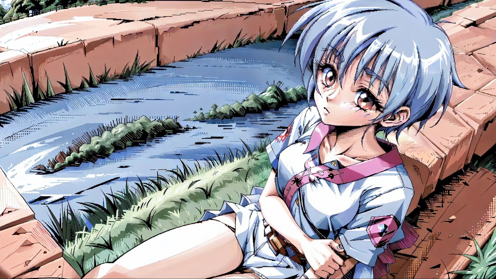 masutepiece, looking off into the distance, Vigilante with pastel blue hair, Ashamed,   grassy fields, SFW,