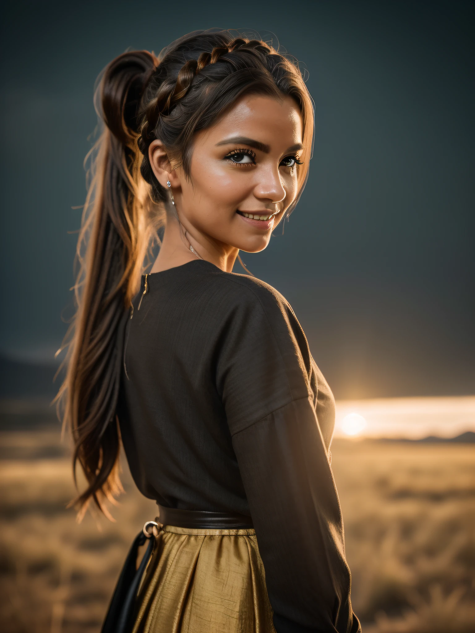 uma foto de corpo inteiro, nativa, indigena, tribal, textura natural da pele, 24mm, texturas 4k, pele suja, soft  Cinematic Light, Adobe Lightroom, Photolab, Nice, sorriso leve,, chuva detalhada, Detailed braided ponytails, obra-prima, (belos olhos castanhos claros detalhados: 1.1), melhor qualidade, illustration, (Detailed lighting: 1.2), (brilho detalhado bonito: 1.3), roupas de couro, ((decote profundo)), seios perfeitos, intrincado, pintura digital, smooth and sharp focus, Fim do Mundo, Epic Realistic, (HDR:1.4), (Cores Silenciadas:1.4), Cores Neutras, Noite, refractions of screen space, (Detalhes intrincados, Hiperdetalhados:1.3), Cinematographic photo, Vinheta, Fundo castelo medieval, Cores Escuras, Vampire Hunter