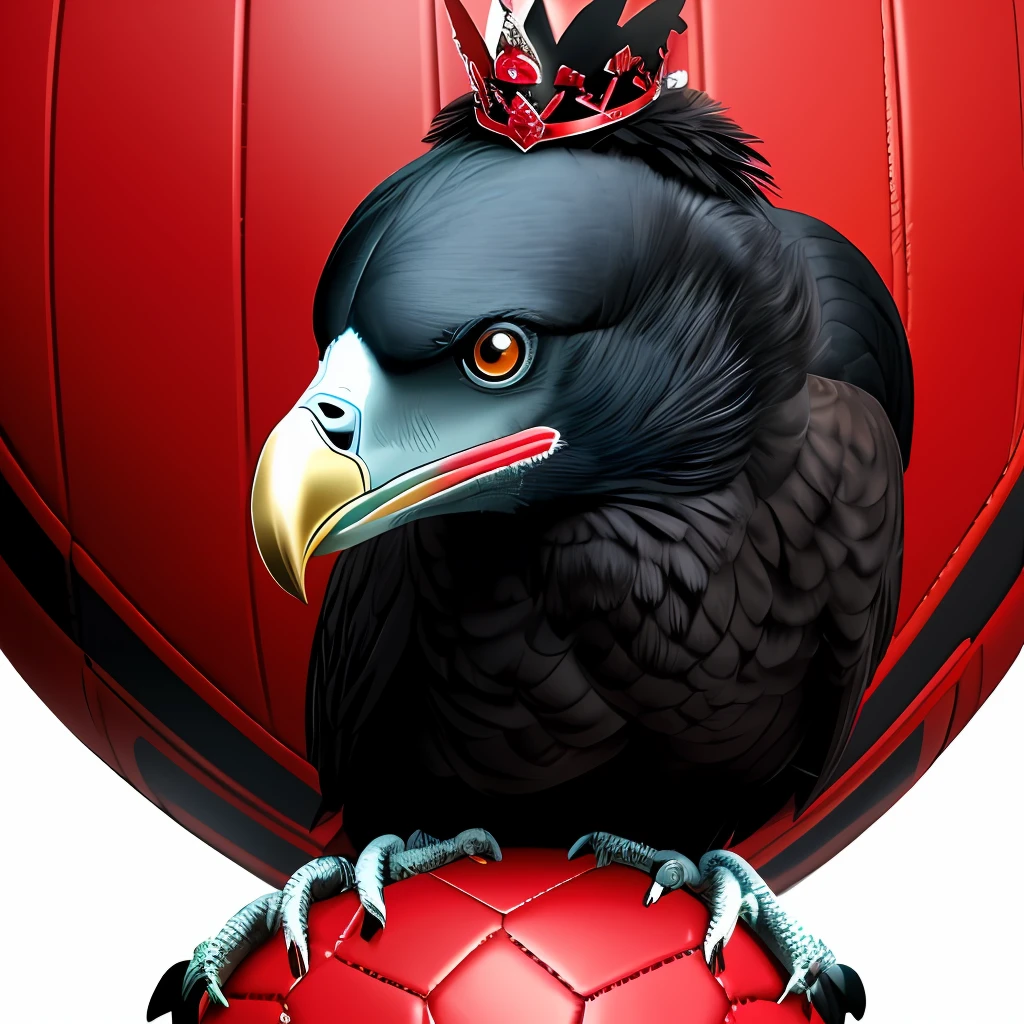 create a logo with an animal of the species vulture laughing, nas cor vermelha, sitting on a red and black soccer ball with a crown on the head --auto
