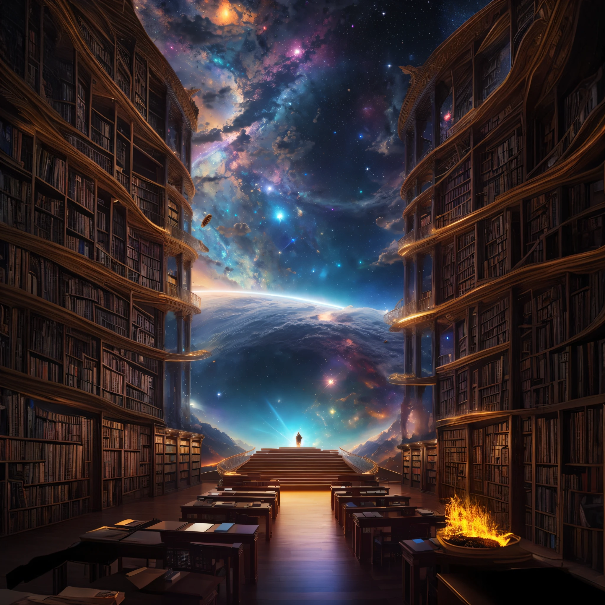 imagine a epic panorama scene vision with epic celestial library in symbiose with galaxy landscape full of details. The multidimensional library on his radiant iridescent energy reflecting divine light. the library is a transcendental library in connexion with universe, made of the fire of the universe, it is a part of the universe, it is the extension of the universe and it is is the universe.