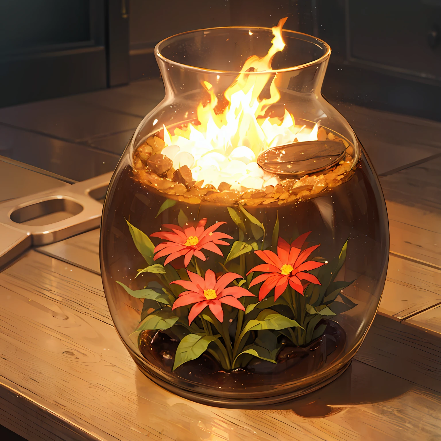 Make a magical flower inside a flower jar, com labaretas de fogo, apenas o jarro. --auto