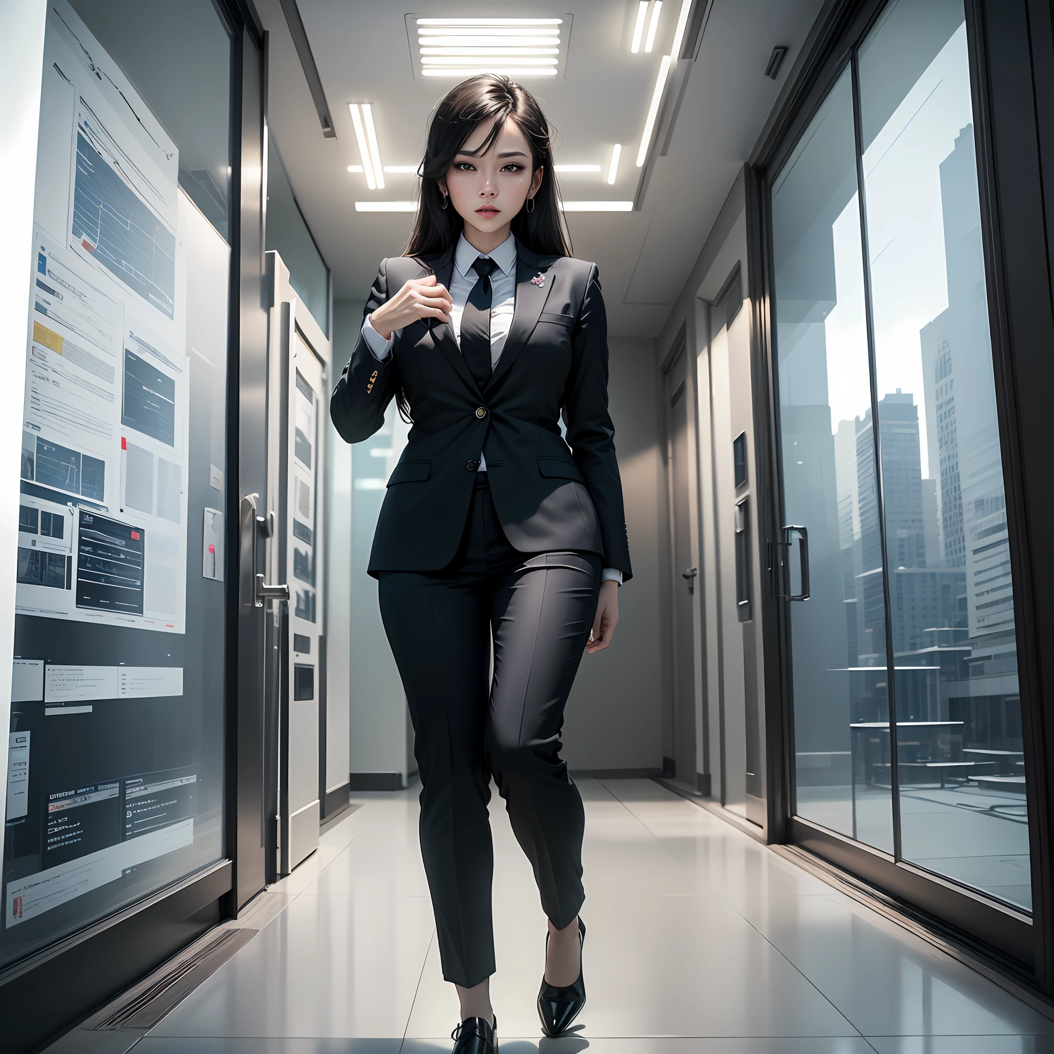 (masterpiece)，High-quality printing，Financial sector，Strong financial atmosphere，dynamic angle，Professional women，In black suit，Financial color accessories，Creative graphic design elements，numinous，schematics，Statistics，Financial Construction，Floor-to-ceiling glass curtain wall，Modernity。 --auto