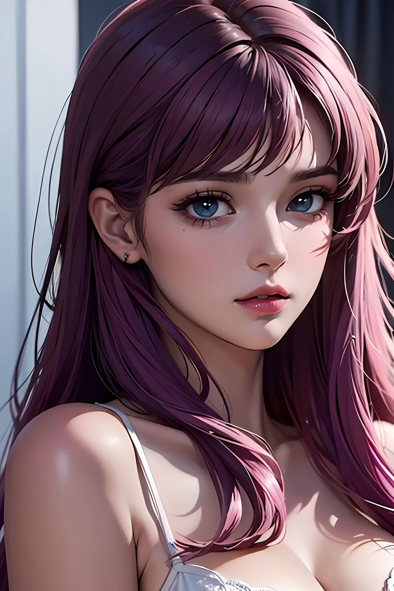 ((Noite, Luz Realista, Melhor Qualidade, 8K, Obra-Prima: 1.3)), Saori kido, divine goddess, 25 anos, Beleza Esbelta: 1.4, Abdominais Proeminentes: 1.1, (Cabelos longos ondulados de cor roxo, Seios enormes), usando lingerie sexy branca( brassier, calcinha e cinta liga), Banheiro, olhos expressivosecintilantes azuis. {{masterpiece}}, {{{best quality}}},{{ultra-detailed}}, {{illustration}},{{disheveled hair}},{{masterpiece}},{{{best quality}}},{{ultra-detailed}}, {{{illustration}}}, cena bonita, clear facial features, Hyper Real, octane render, UE5, alto detalhe, hiper qualidade, alta resolução, trending in artstation, hiperrealismo, surrealismo, HD, 16K, lente teleobjetiva , médio close up, split lighting,