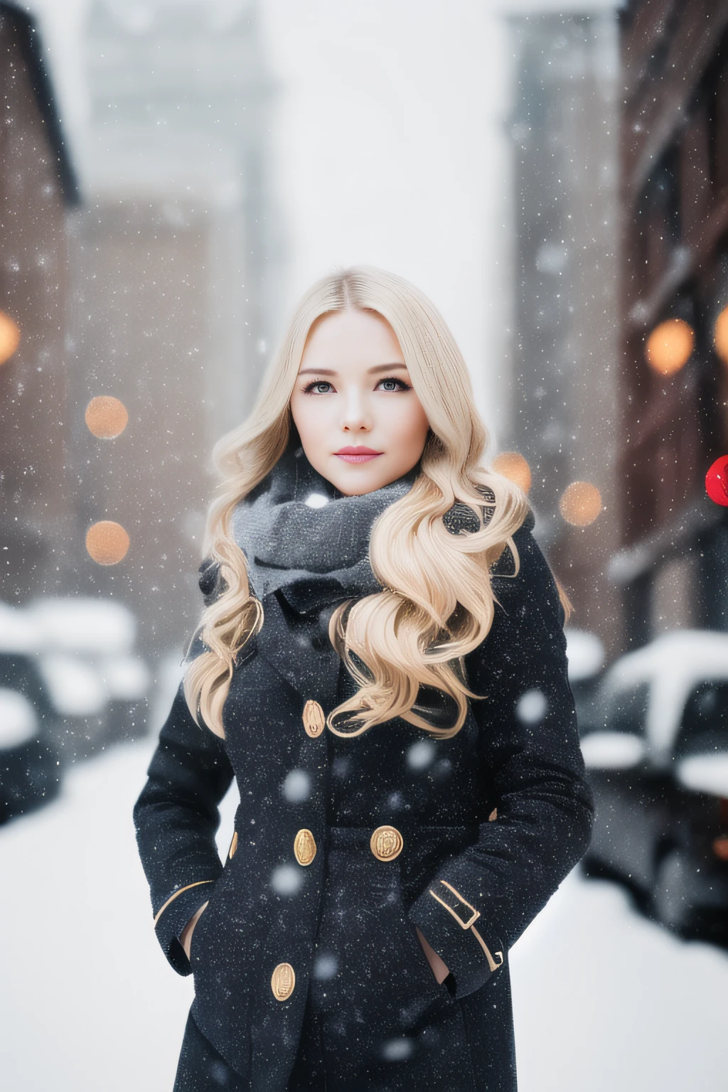 professional portrait photograph of a gorgeous Norwegian girl in winter clothing with long wavy blonde hair, ((sultry flirty look)), freckles, beautiful symmetrical face, cute natural makeup, wearing elegant winter fashion clothing, ((standing outside in snowy city street)), stunning modern urban upscale environment, ultra realistic, concept art, elegant, highly detailed, intricate, sharp focus, depth of field, f/1.8, 85mm, medium shot, mid shot, (centered image composition), (professionally color graded), ((bright soft diffused light)), volumetric fog, trending on instagram, trending on tumblr, hdr 4k, 8k