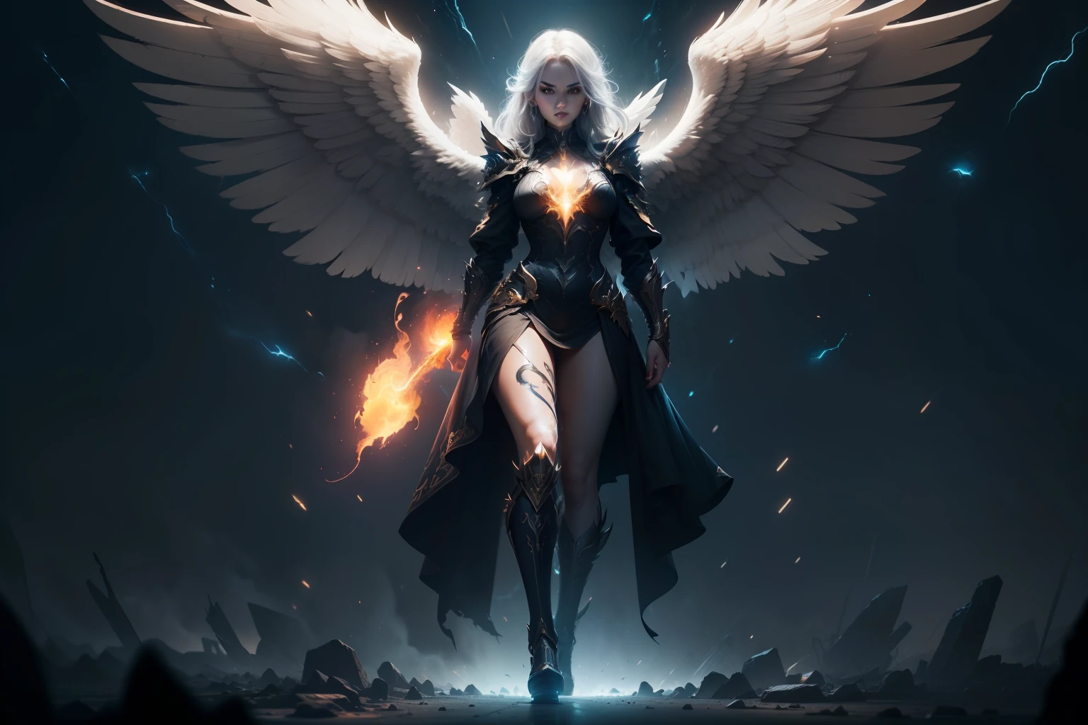 (extremely detailed image),((full body):1.5), (angel female appearance) (giant angelic wings), (flaming eyes, neon eyes), (Extreme display of power), apocalypse, angel, power, end of world, (rich in detail), (involving and intricate powers), ((Long shot):1.4), ((cinematic lighting):1.3)
