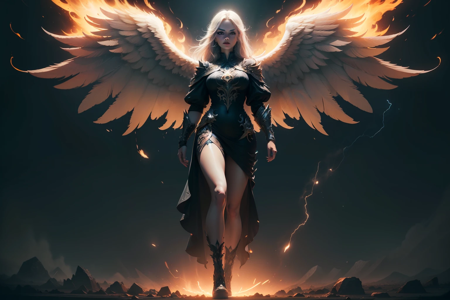 (extremely detailed image),((full body):1.5), (angel female appearance) (giant angelic wings), (flaming eyes, neon eyes), (Extreme display of power), apocalypse, angel, power, end of world, (rich in detail), (involving and intricate powers), ((Long shot):1.4), ((cinematic lighting):1.3)