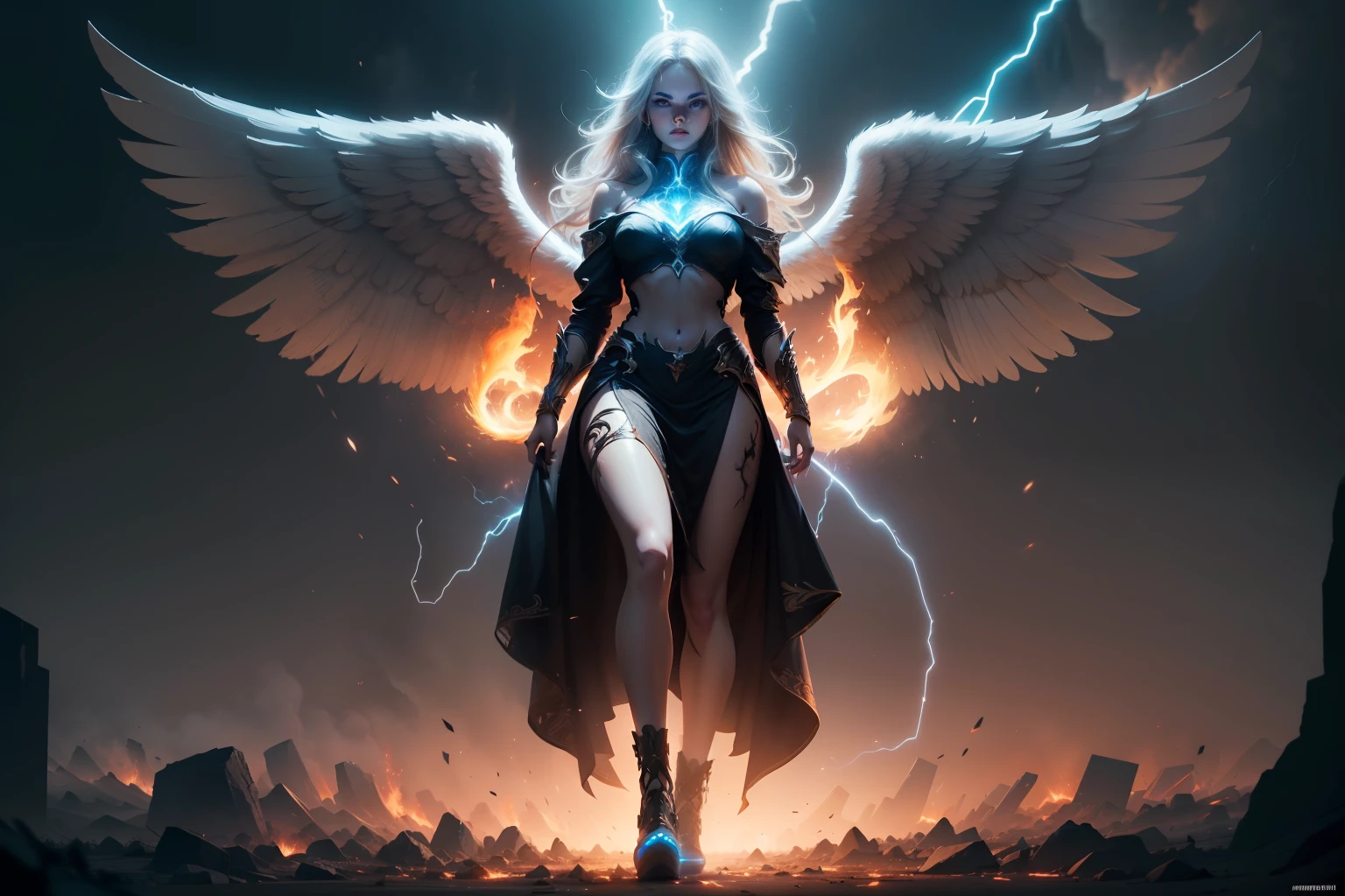 (extremely detailed image),((full body):1.5), (angel female appearance) (giant angelic wings), (flaming eyes, neon eyes), (Extreme display of power), apocalypse, angel, power, end of world, (rich in detail), (involving and intricate powers), ((Long shot):1.4), ((cinematic lighting):1.3)